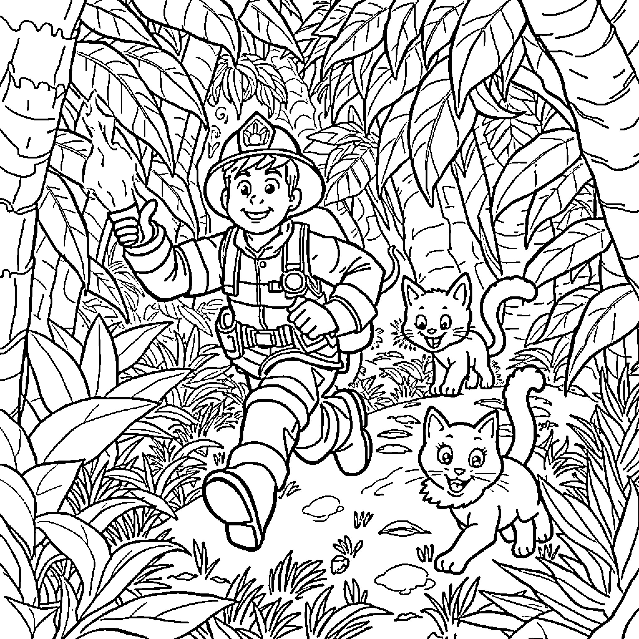 Firefighter exploring the wilderness with friendly animals Coloring Page (free black-and-white line drawing printable PDF for all, from beginners to advanced learners, including children, teens, adults, and seniors)