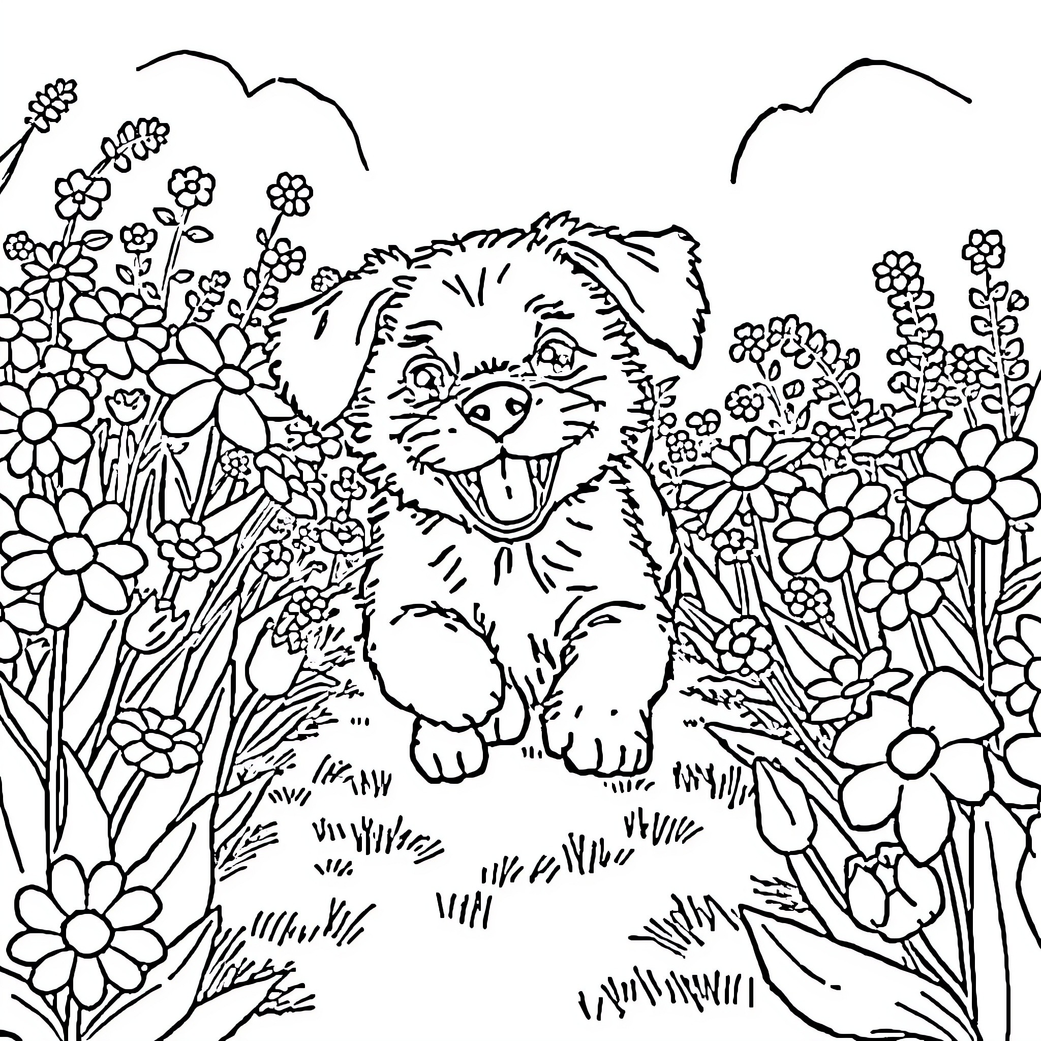 Puppy frolicking in a floral garden Coloring Page (free black-and-white line drawing printable PDF for all, from beginners to advanced learners, including children, teens, adults, and seniors)