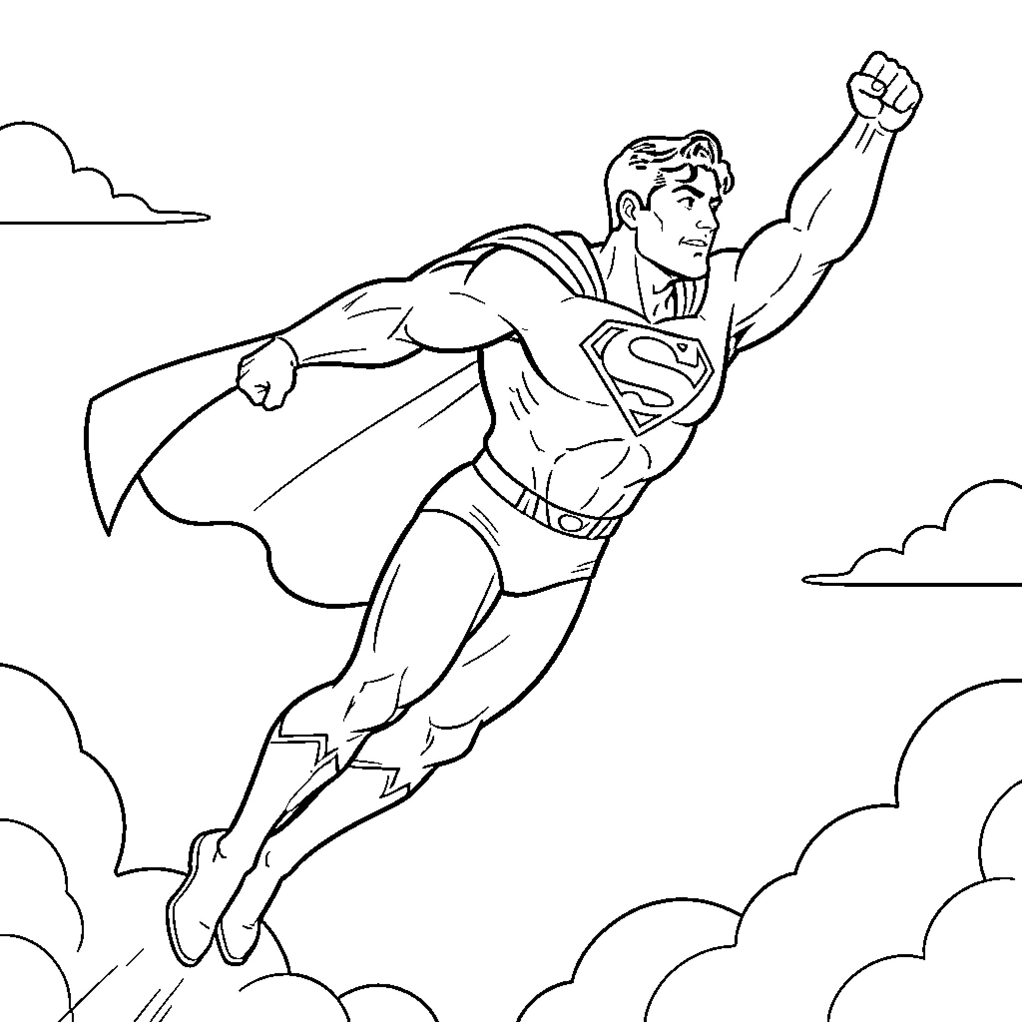Superman flying heroically through the clouds Coloring Page (free black-and-white line drawing printable PDF for all, from beginners to advanced learners, including children, teens, adults, and seniors)