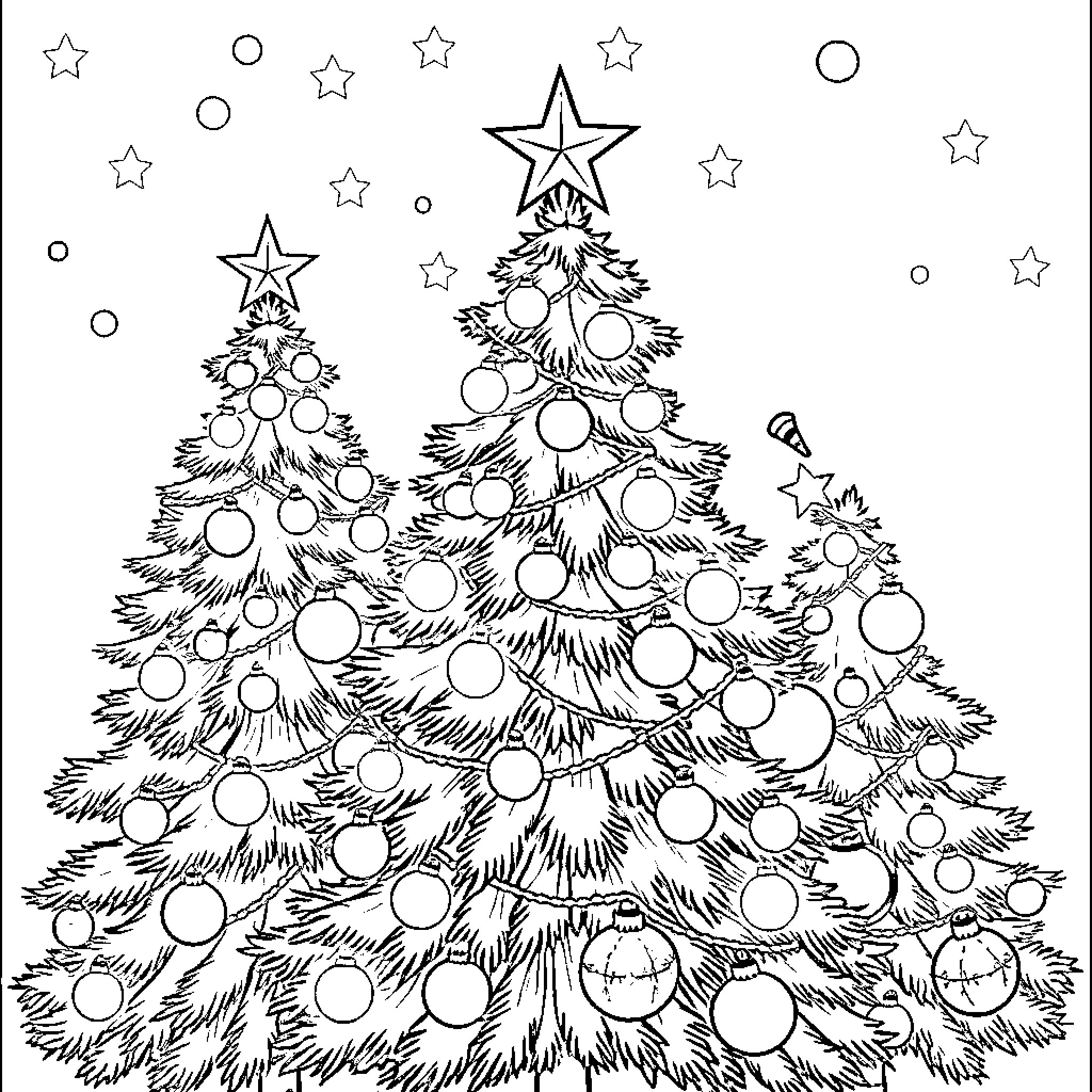Christmas Tree Decorated with Ornaments and Stars Coloring Page (free black-and-white line drawing printable PDF for all, from beginners to advanced learners, including children, teens, adults, and seniors)