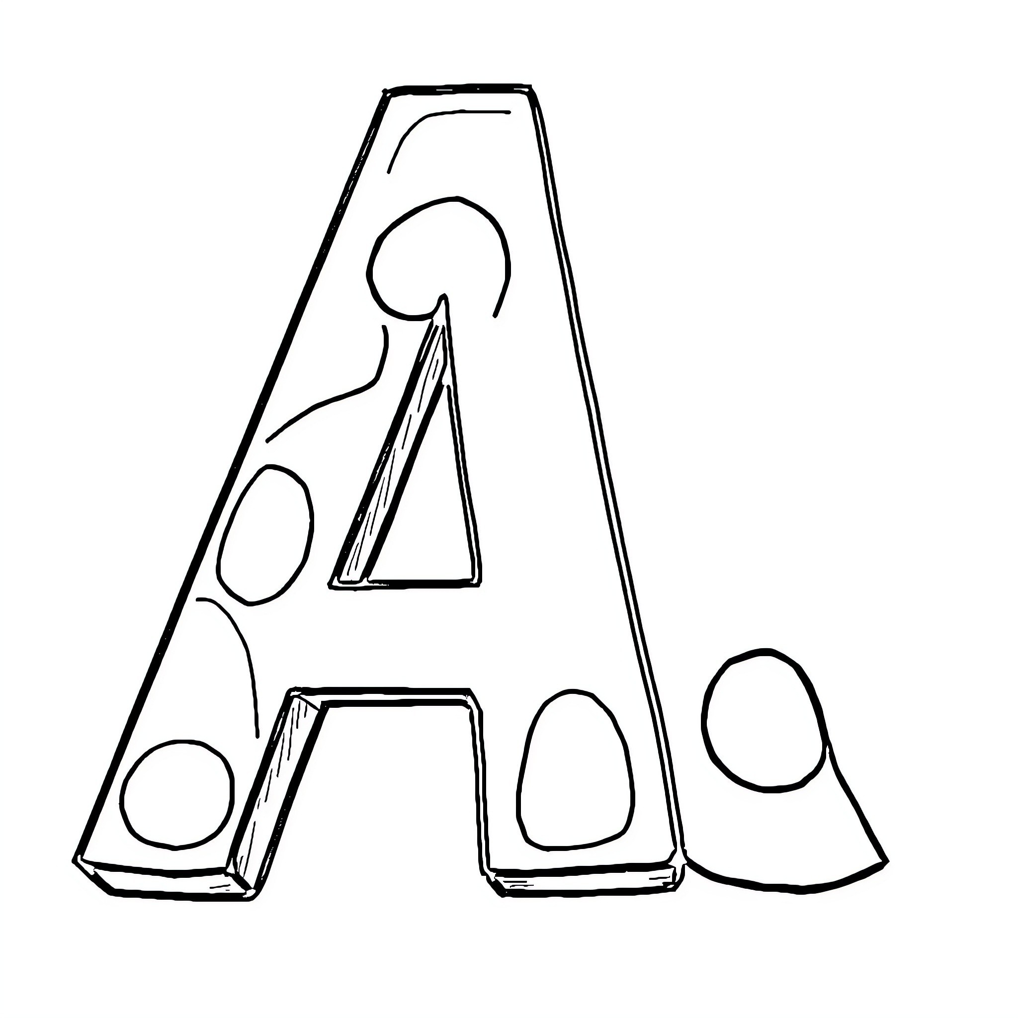 Letter A with abstract shapes and patterns Coloring Page (free black-and-white line drawing printable PDF for all, from beginners to advanced learners, including children, teens, adults, and seniors)
