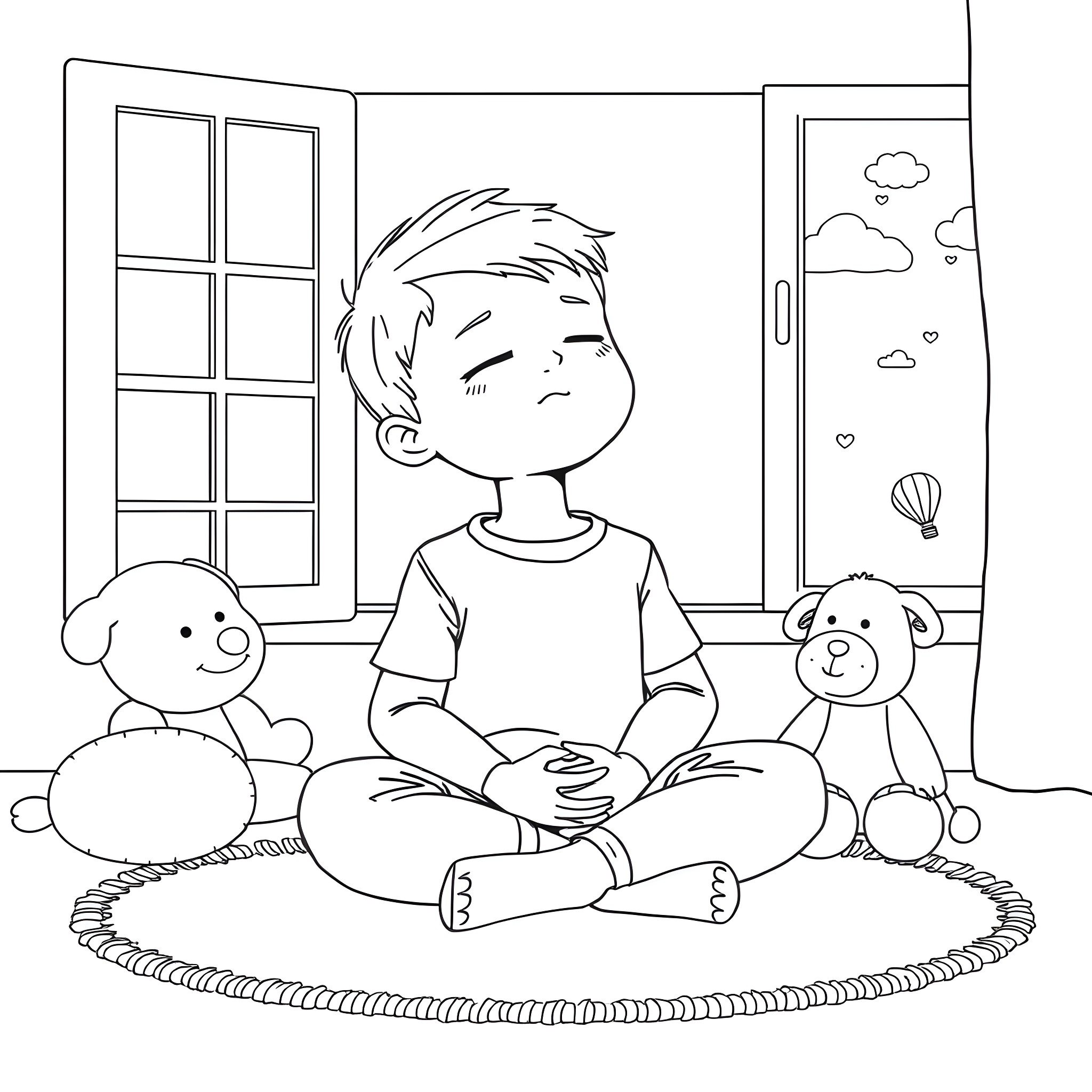 Boy relaxing with stuffed animals in bedroom Coloring Page (free black-and-white line drawing printable PDF for all, from beginners to advanced learners, including children, teens, adults, and seniors)