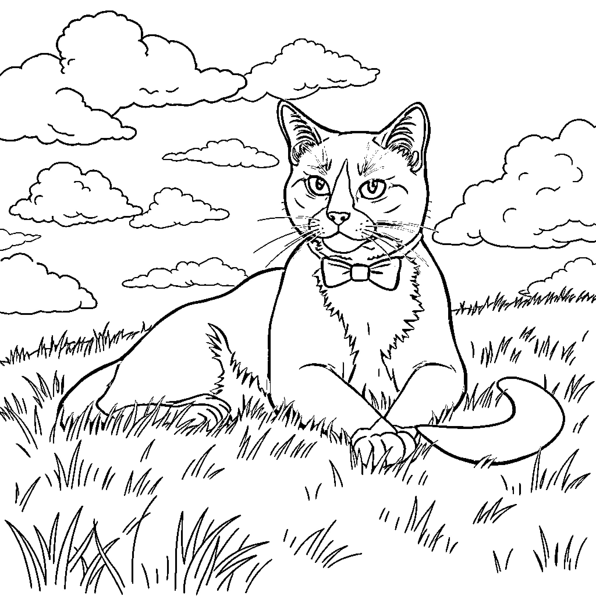 Tuxedo Cat relaxing in a grassy field Coloring Page (free black-and-white line drawing printable PDF for all, from beginners to advanced learners, including children, teens, adults, and seniors)