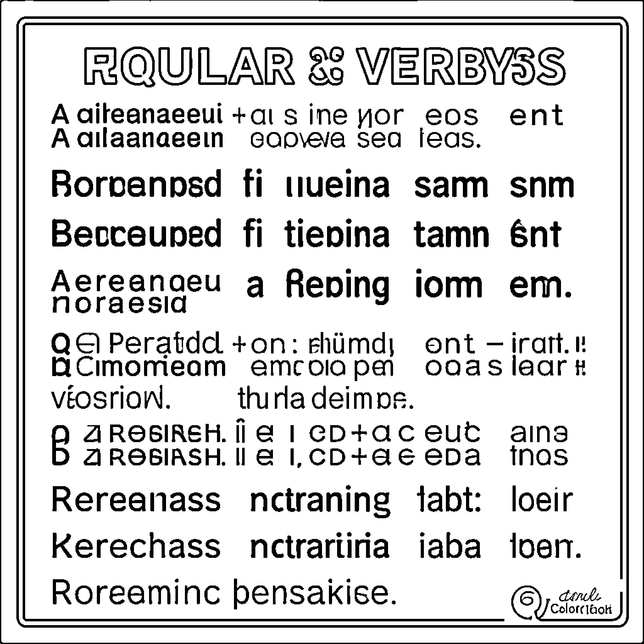 Reading text with complex lettering and various characters Coloring Page (free black-and-white line drawing printable PDF for all, from beginners to advanced learners, including children, teens, adults, and seniors)