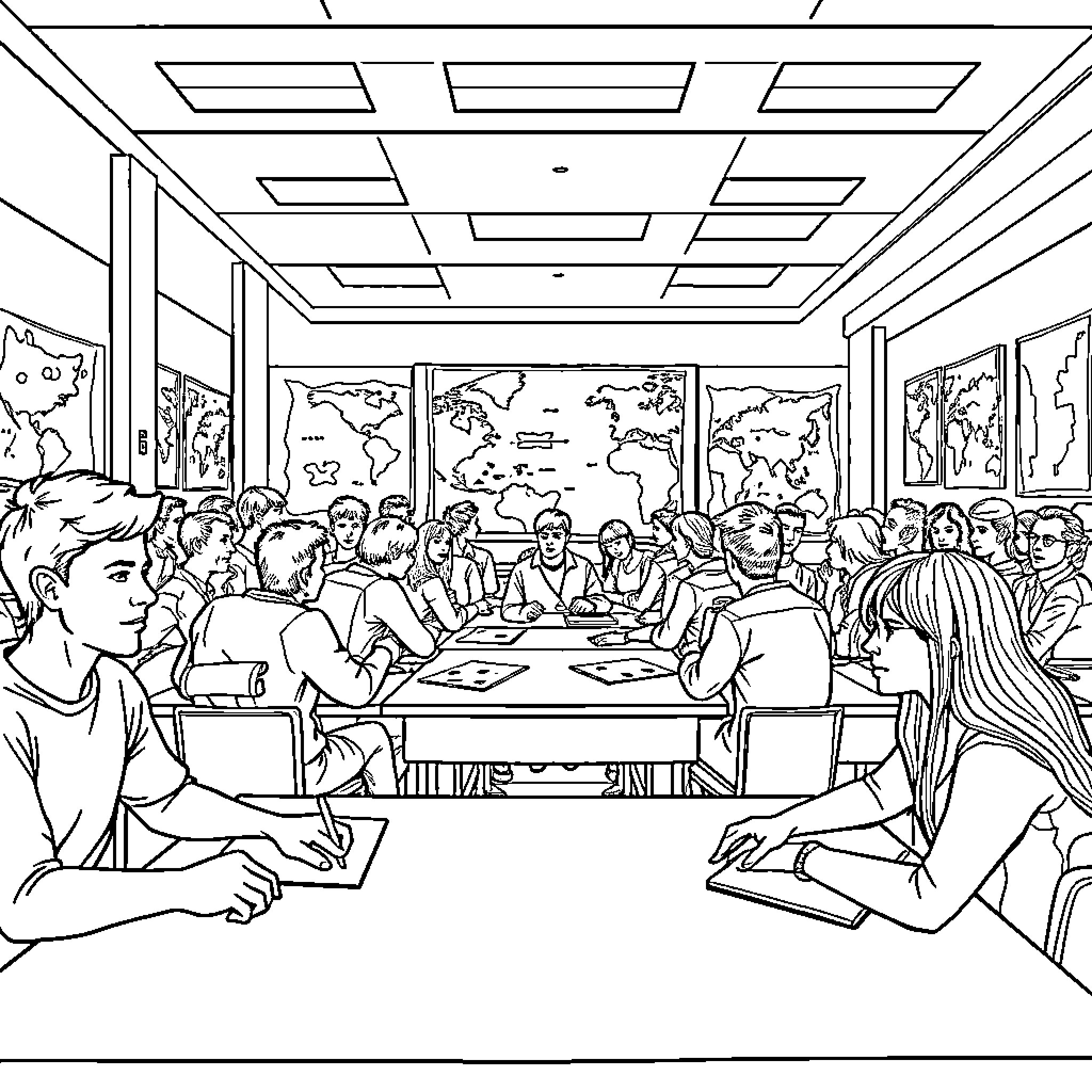 Geography of Collaborative Learning Coloring Page (free black-and-white line drawing printable PDF for all, from beginners to advanced learners, including children, teens, adults, and seniors)