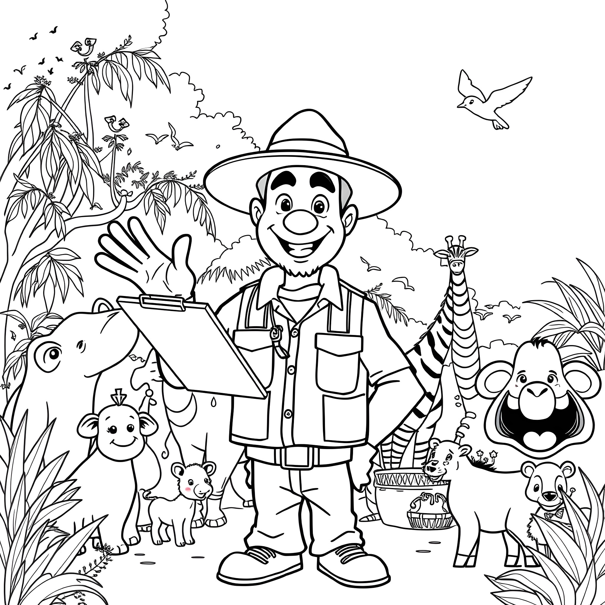 Zookeeper observing and interacting with animals in the jungle Coloring Page (free black-and-white line drawing printable PDF for all, from beginners to advanced learners, including children, teens, adults, and seniors)