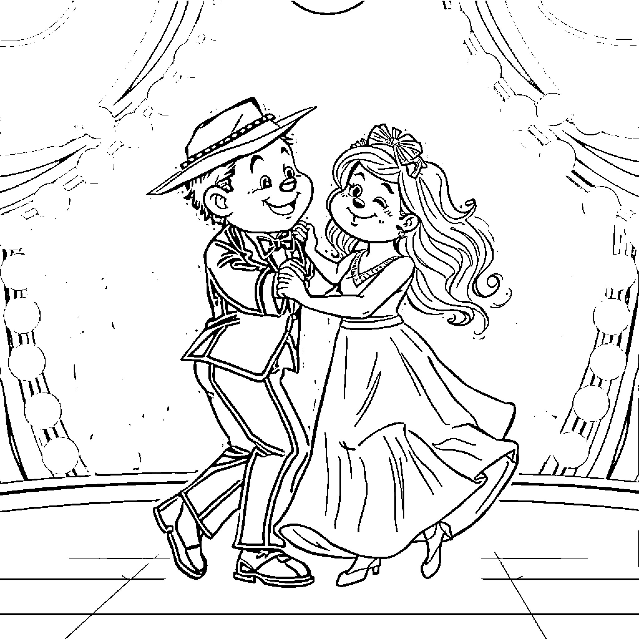 BBF Couple Dancing Joyfully on Stage Coloring Page (free black-and-white line drawing printable PDF for all, from beginners to advanced learners, including children, teens, adults, and seniors)