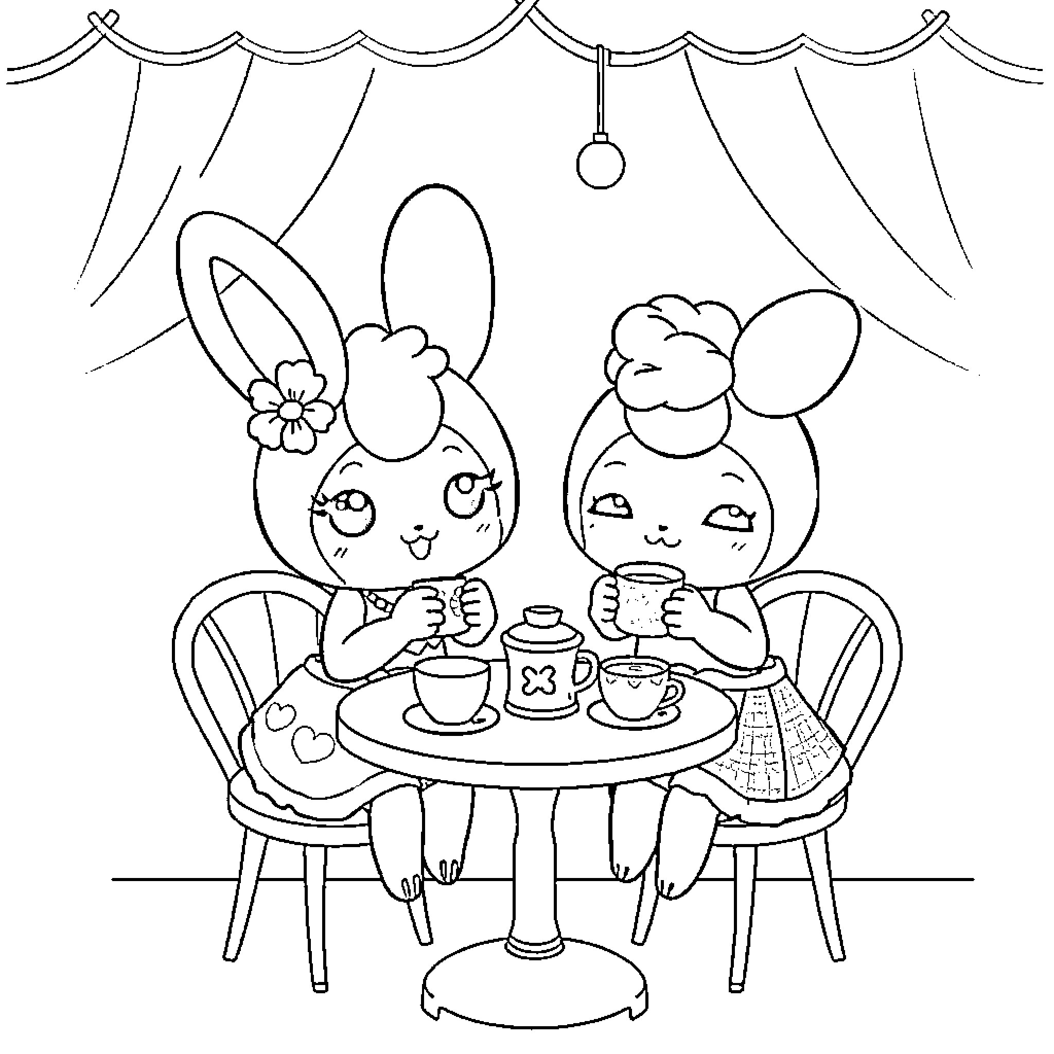 Rumi's Whimsical Tea Party Coloring Page (free black-and-white line drawing printable PDF for all, from beginners to advanced learners, including children, teens, adults, and seniors)