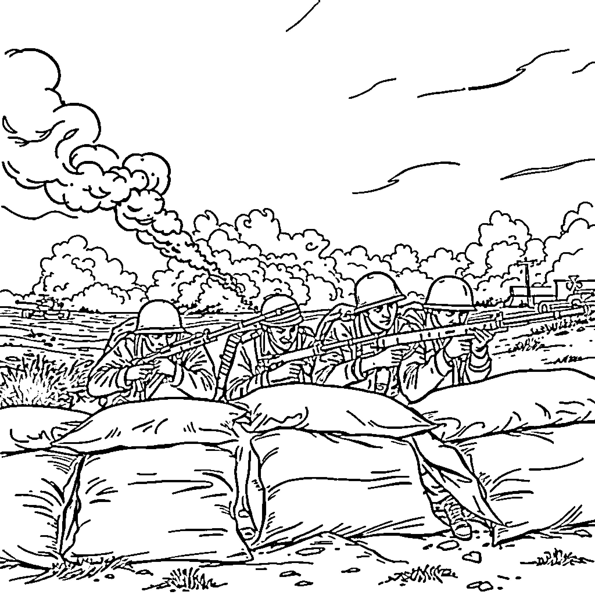 Soldiers advancing through battlefield with smoke Coloring Page (free black-and-white line drawing printable PDF for all, from beginners to advanced learners, including children, teens, adults, and seniors)