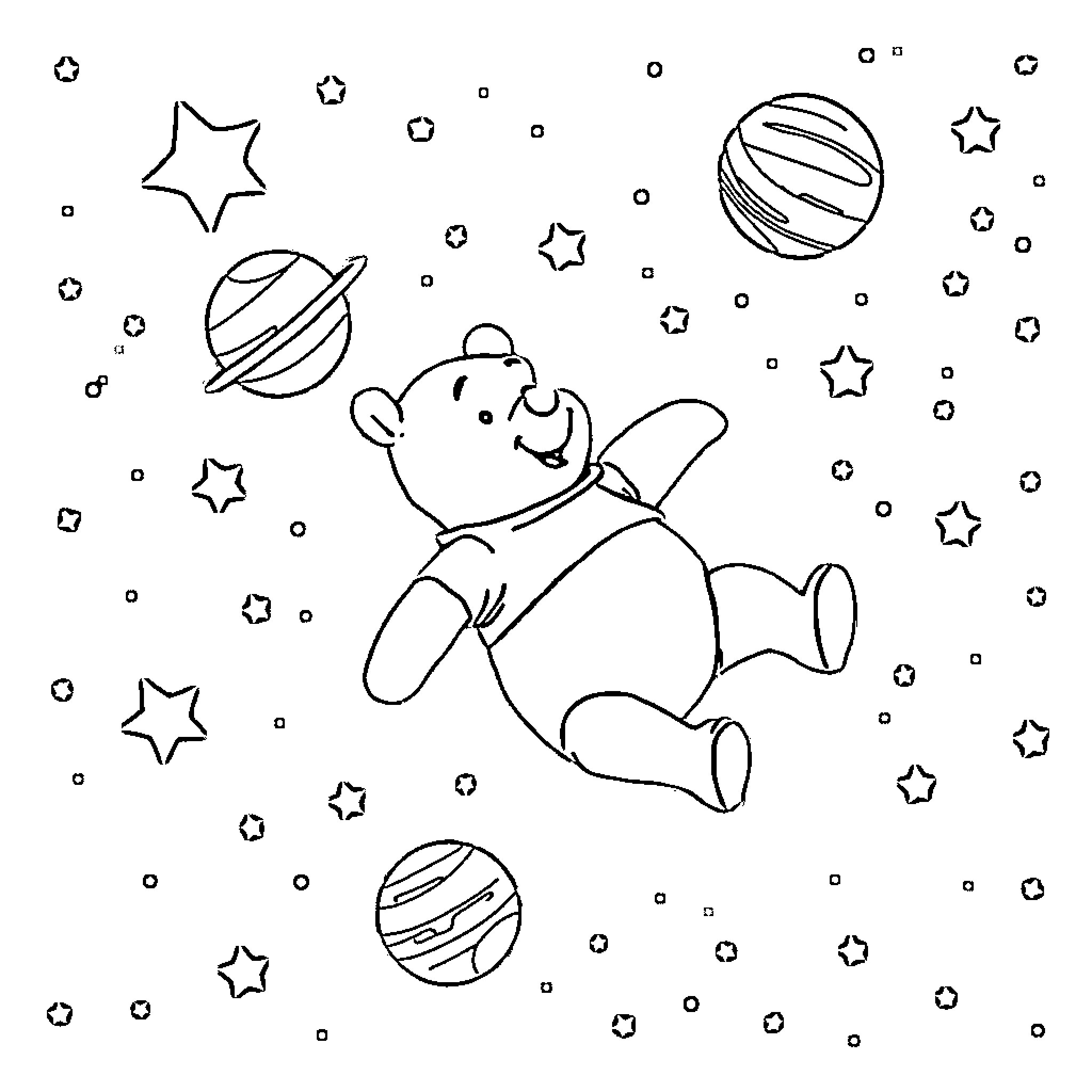 Winnie The Pooh floating among the stars Coloring Page (free black-and-white line drawing printable PDF for all, from beginners to advanced learners, including children, teens, adults, and seniors)