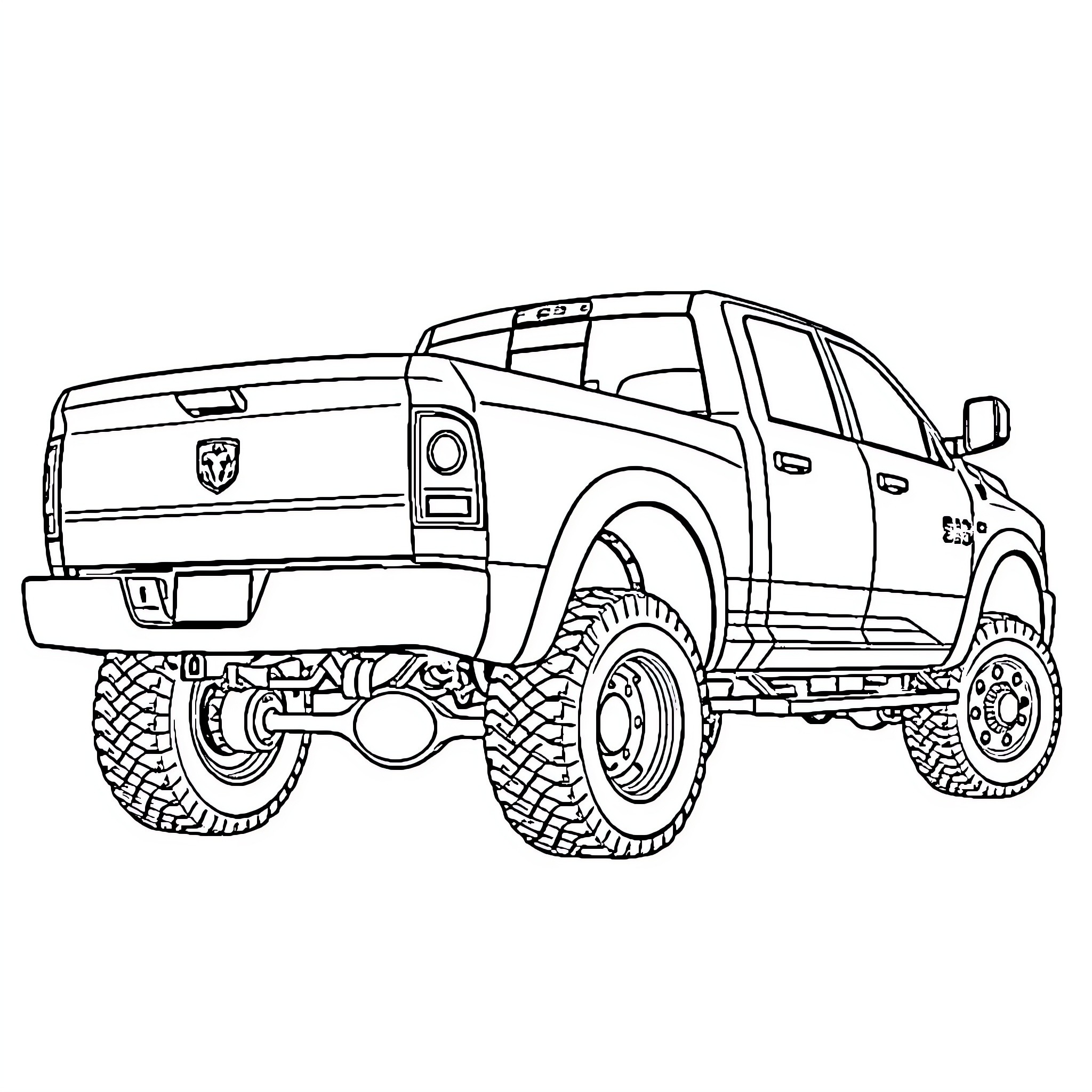 Ram truck with off-road features and equipment Coloring Page (free black-and-white line drawing printable PDF for all, from beginners to advanced learners, including children, teens, adults, and seniors)