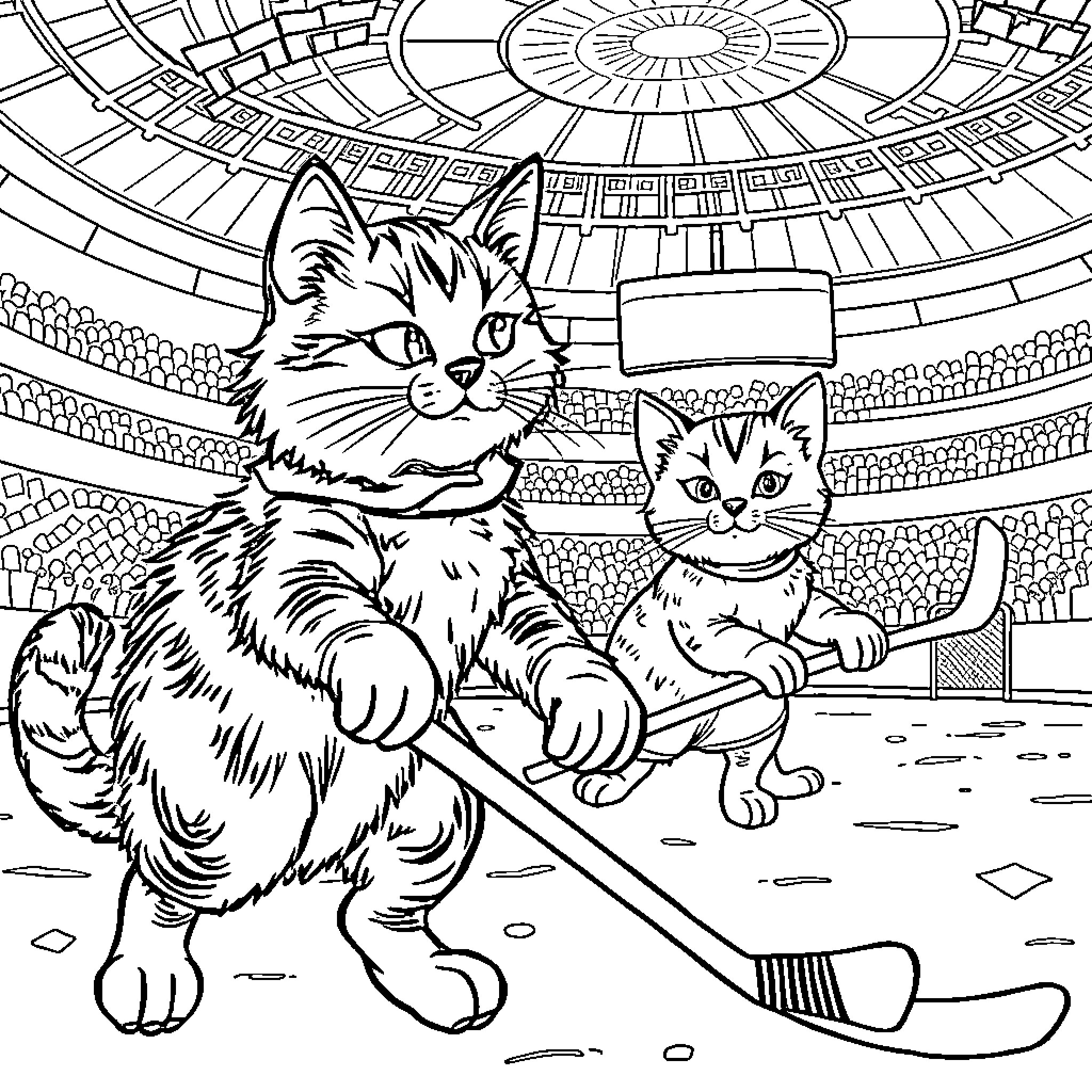 Katze playing with kitten in abstract stadium Coloring Page (free black-and-white line drawing printable PDF for all, from beginners to advanced learners, including children, teens, adults, and seniors)
