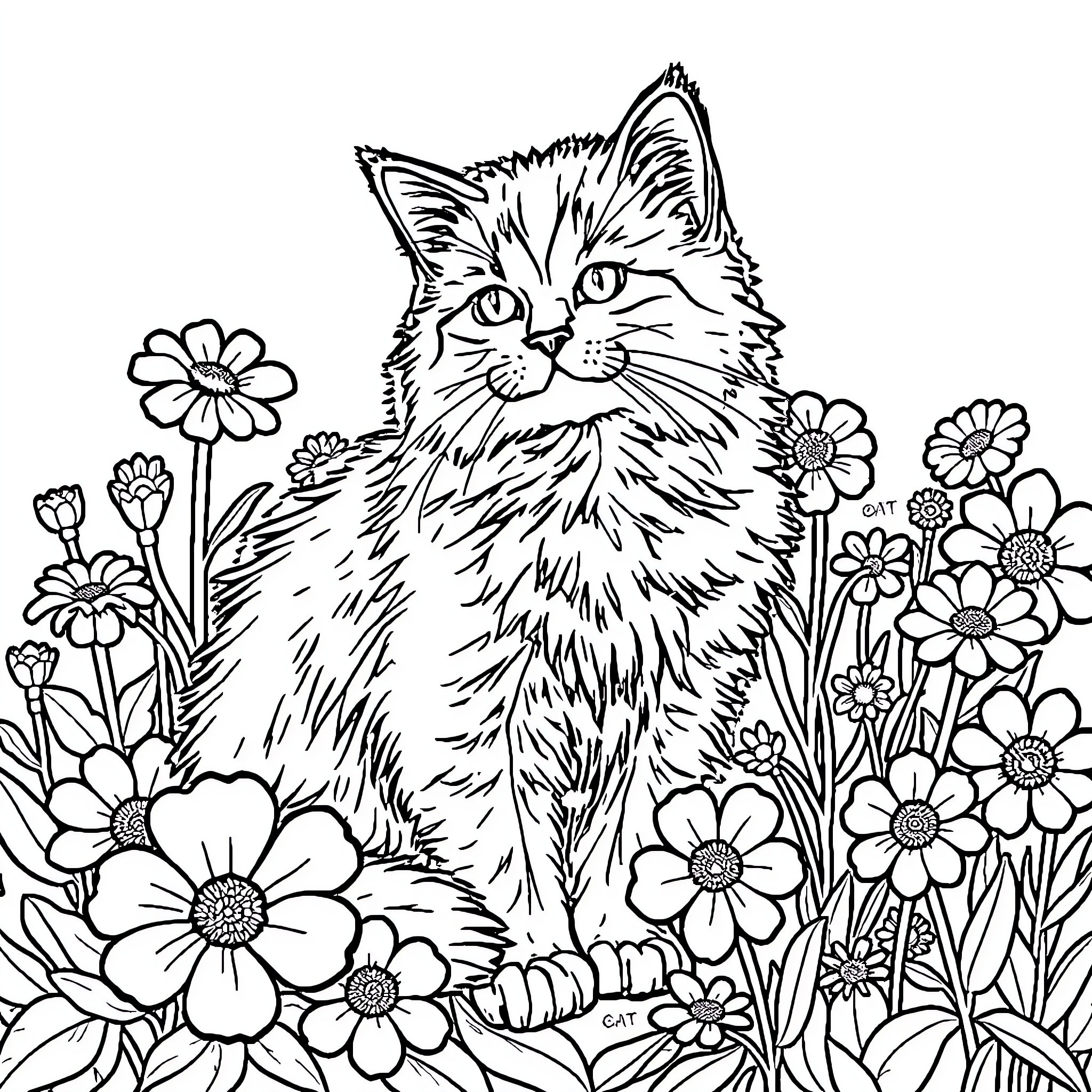 Cat Sitting Amidst Blooming Flowers Coloring Page (free black-and-white line drawing printable PDF for all, from beginners to advanced learners, including children, teens, adults, and seniors)