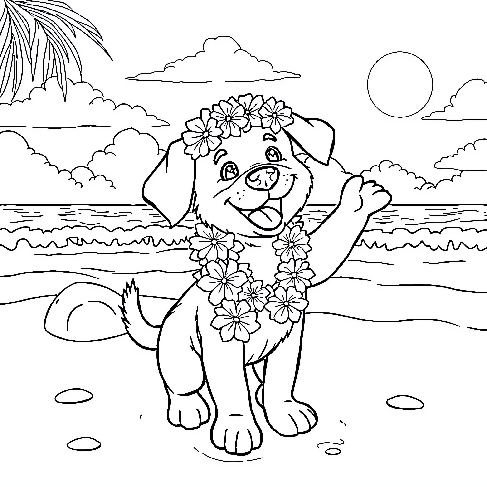 Puppy frolicking joyfully on the beach Coloring Page (free black-and-white line drawing printable PDF for all, from beginners to advanced learners, including children, teens, adults, and seniors)