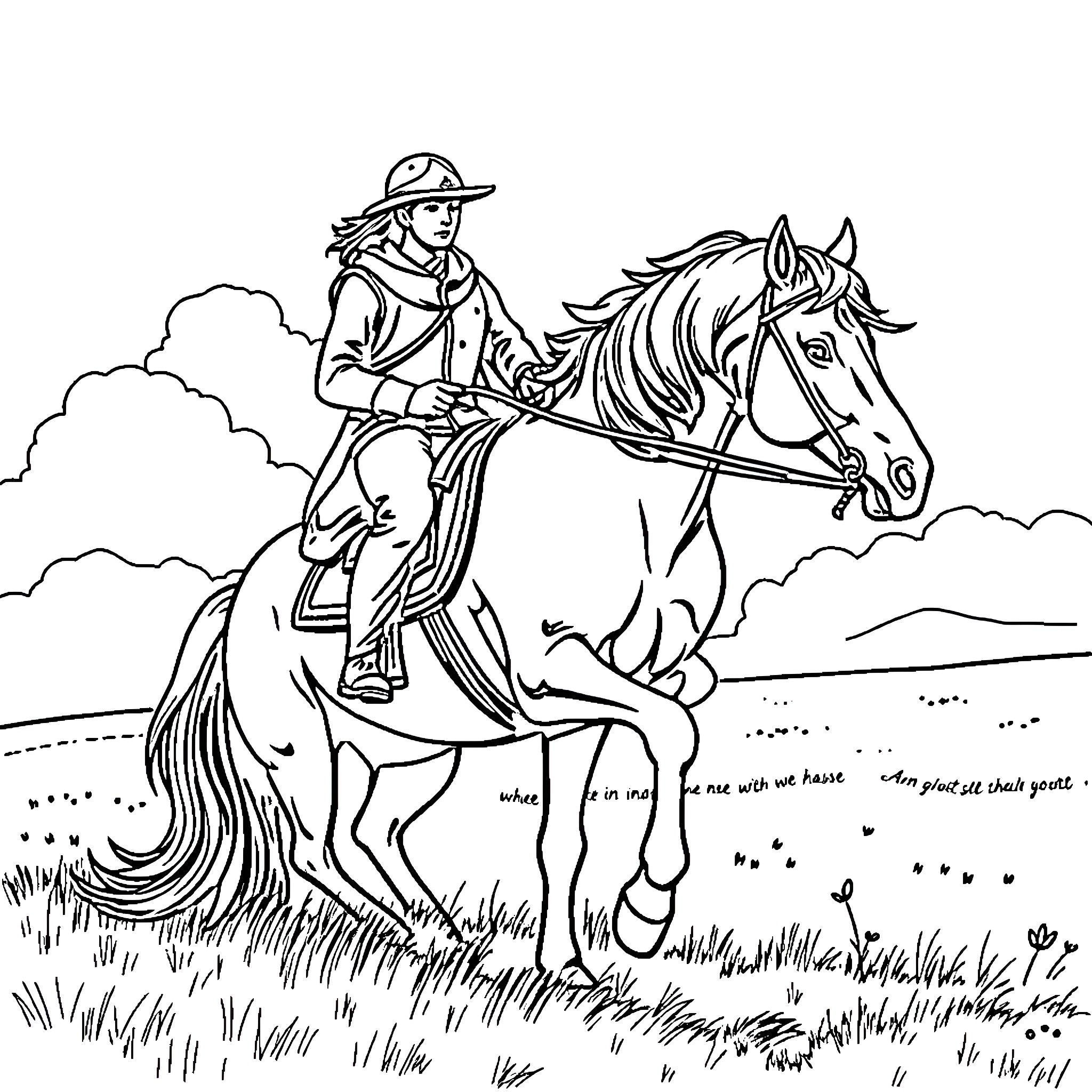 Horse-mounted Cowboy Riding Across Field Coloring Page (free black-and-white line drawing printable PDF for all, from beginners to advanced learners, including children, teens, adults, and seniors)