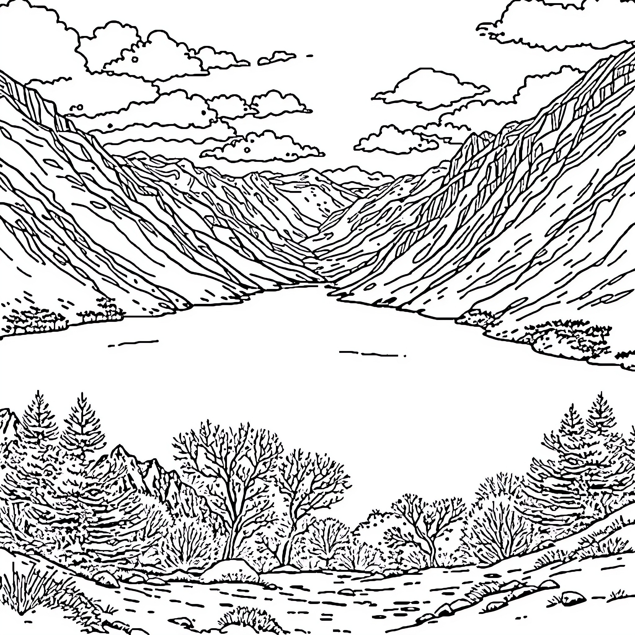 Lake in a Scenic Mountain Landscape Coloring Page (free black-and-white line drawing printable PDF for all, from beginners to advanced learners, including children, teens, adults, and seniors)