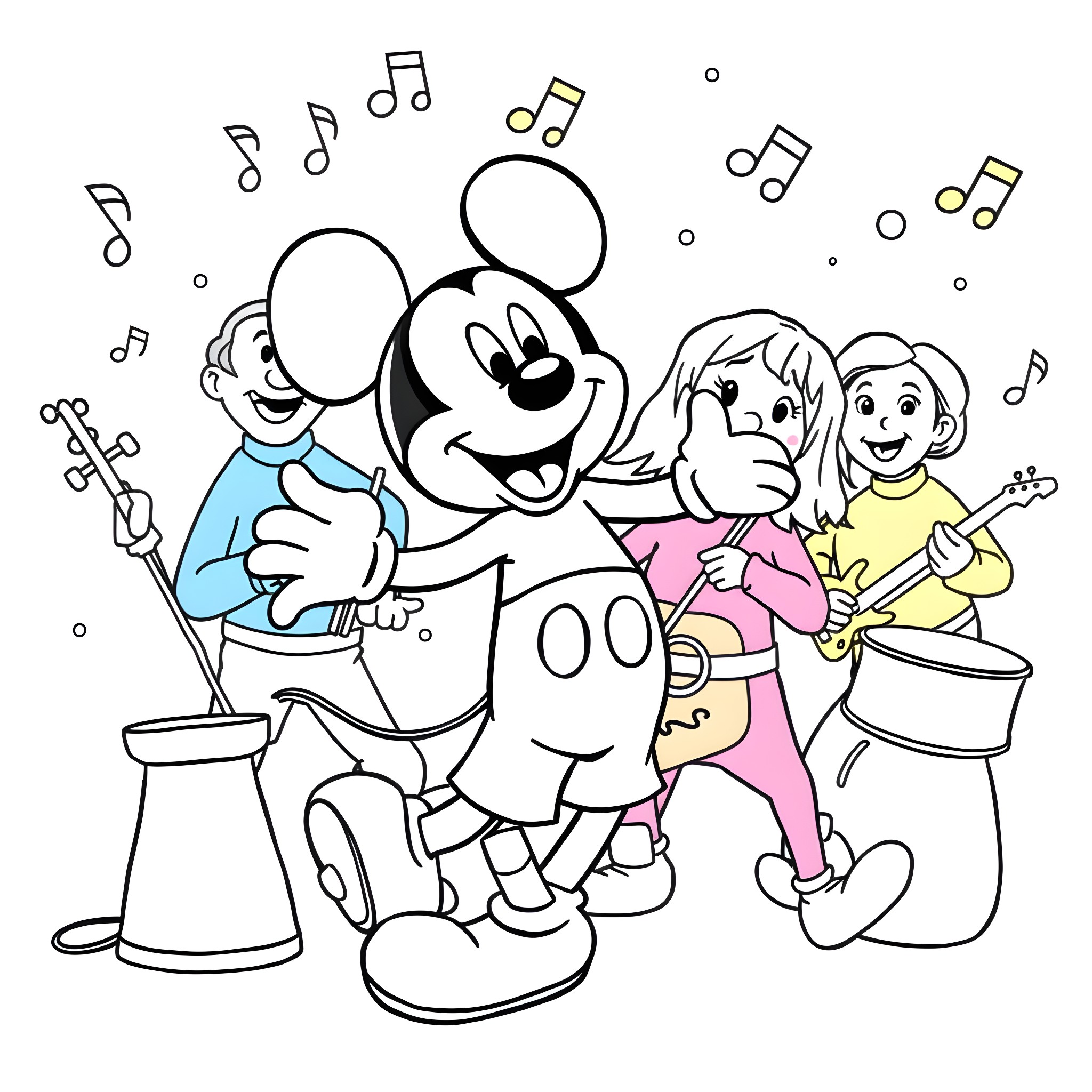 Mickey Mouse and friends making music together Coloring Page (free black-and-white line drawing printable PDF for all, from beginners to advanced learners, including children, teens, adults, and seniors)