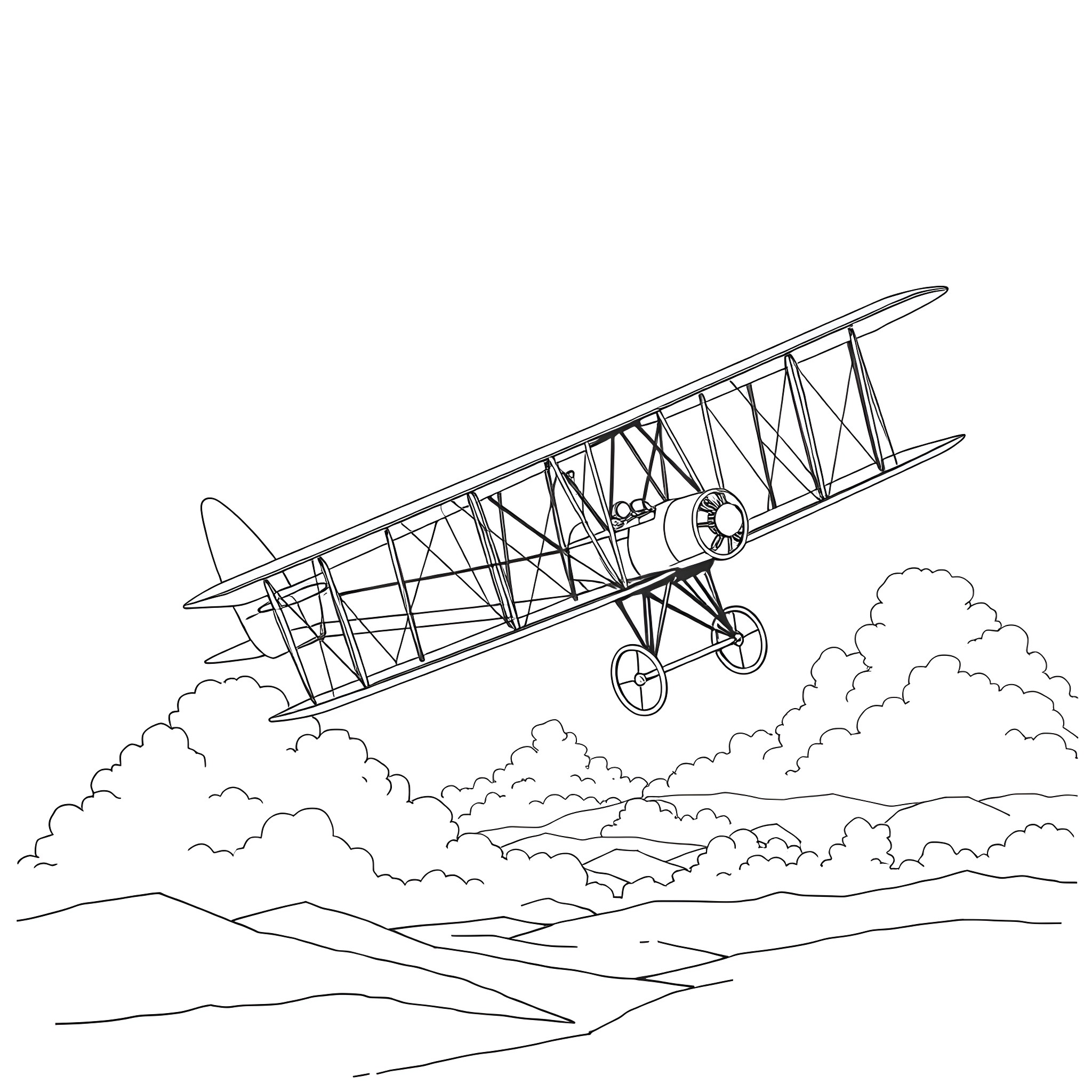 Wright Flyer aircraft flying in the sky Coloring Page (free black-and-white line drawing printable PDF for all, from beginners to advanced learners, including children, teens, adults, and seniors)