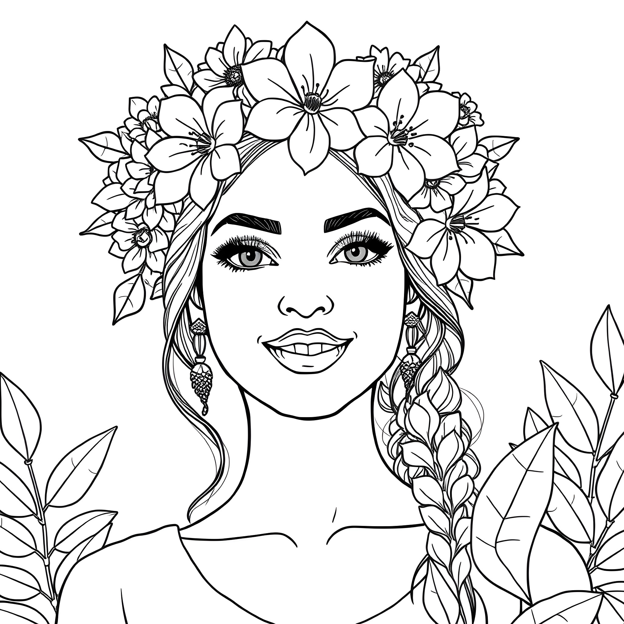 Woman with floral crown in nature Coloring Page (free black-and-white line drawing printable PDF for all, from beginners to advanced learners, including children, teens, adults, and seniors)