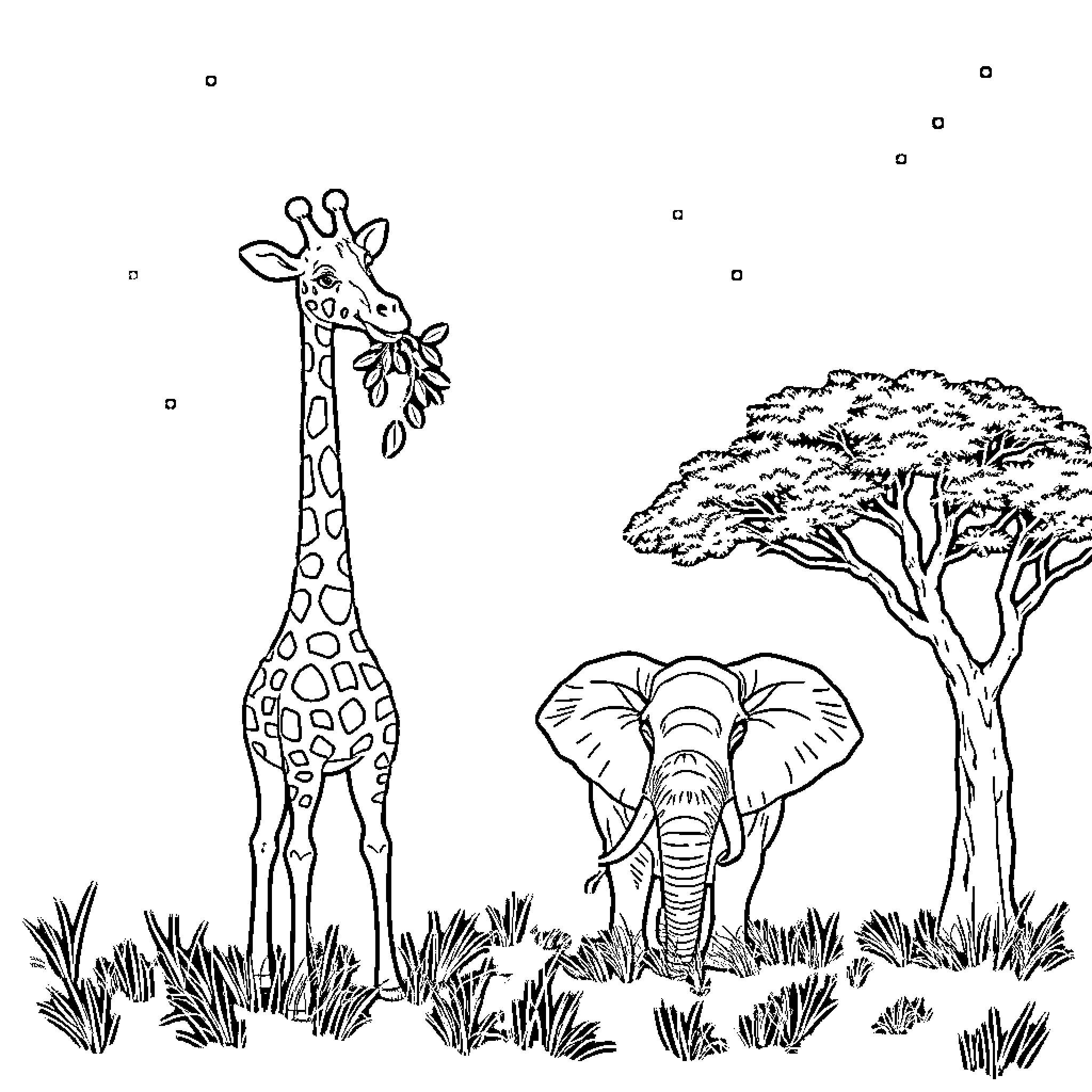 Giraffe and Elephant in African Savanna Coloring Page (free black-and-white line drawing printable PDF for all, from beginners to advanced learners, including children, teens, adults, and seniors)