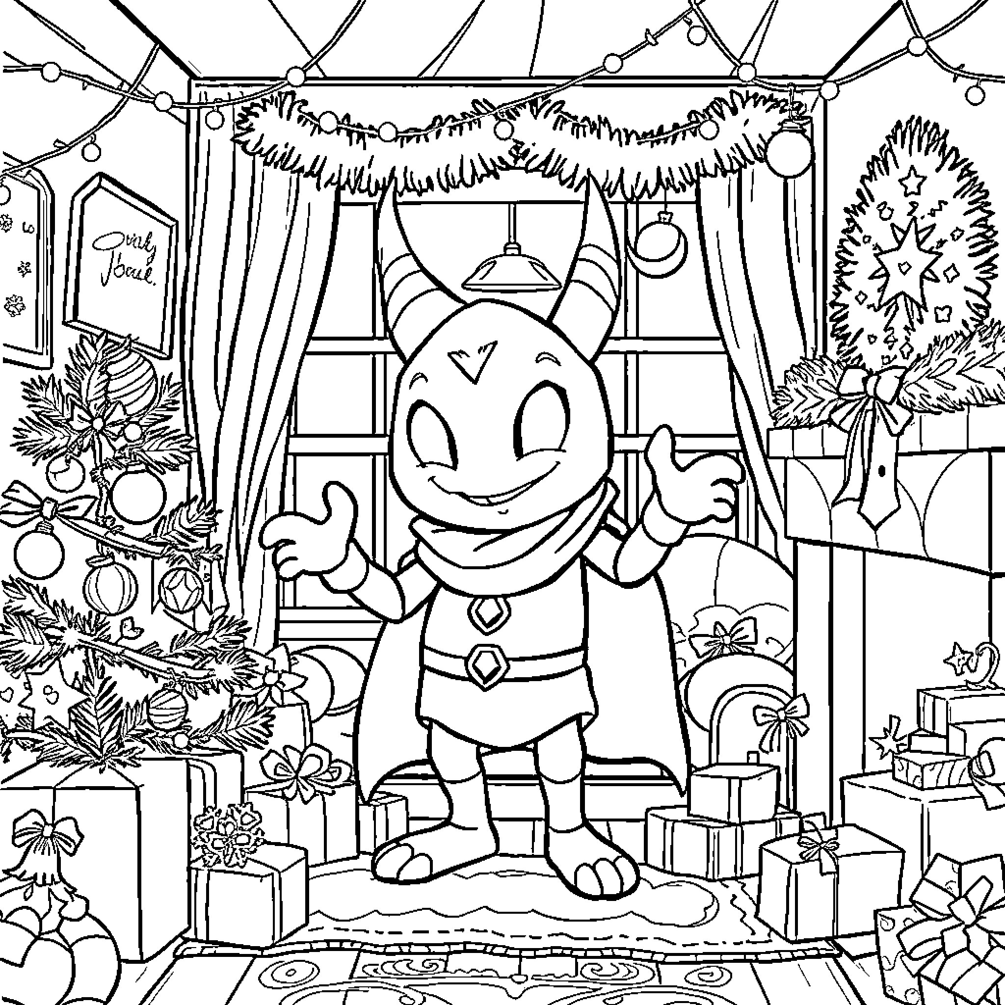 Morphoknight's Festive Holiday Adventure Coloring Page (free black-and-white line drawing printable PDF for all, from beginners to advanced learners, including children, teens, adults, and seniors)