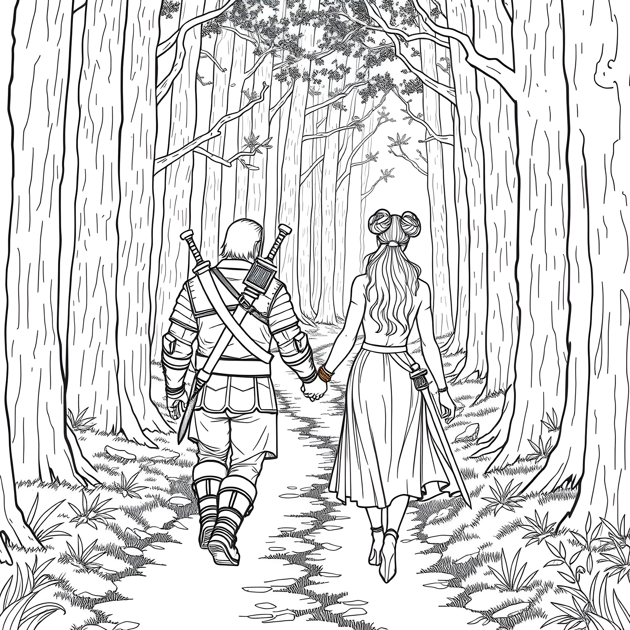 Geralt and Yennefer's journey through the enchanted forest Coloring Page (free black-and-white line drawing printable PDF for all, from beginners to advanced learners, including children, teens, adults, and seniors)