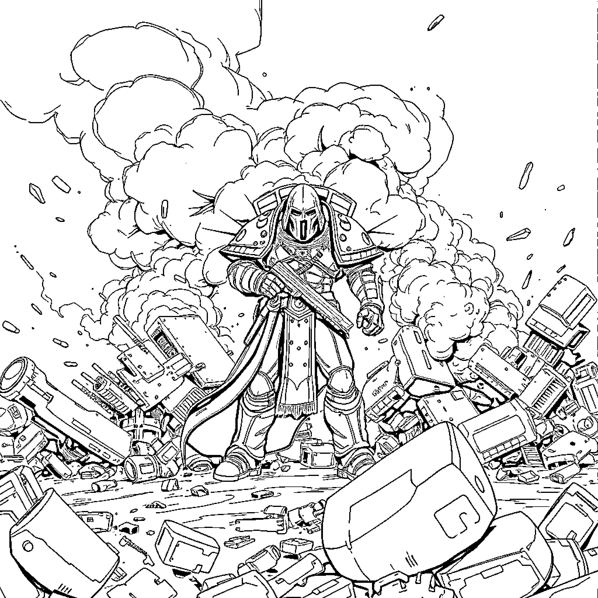 Psyker Unleashing Devastating Psychic Powers Amidst Destruction Coloring Page (free black-and-white line drawing printable PDF for all, from beginners to advanced learners, including children, teens, adults, and seniors)