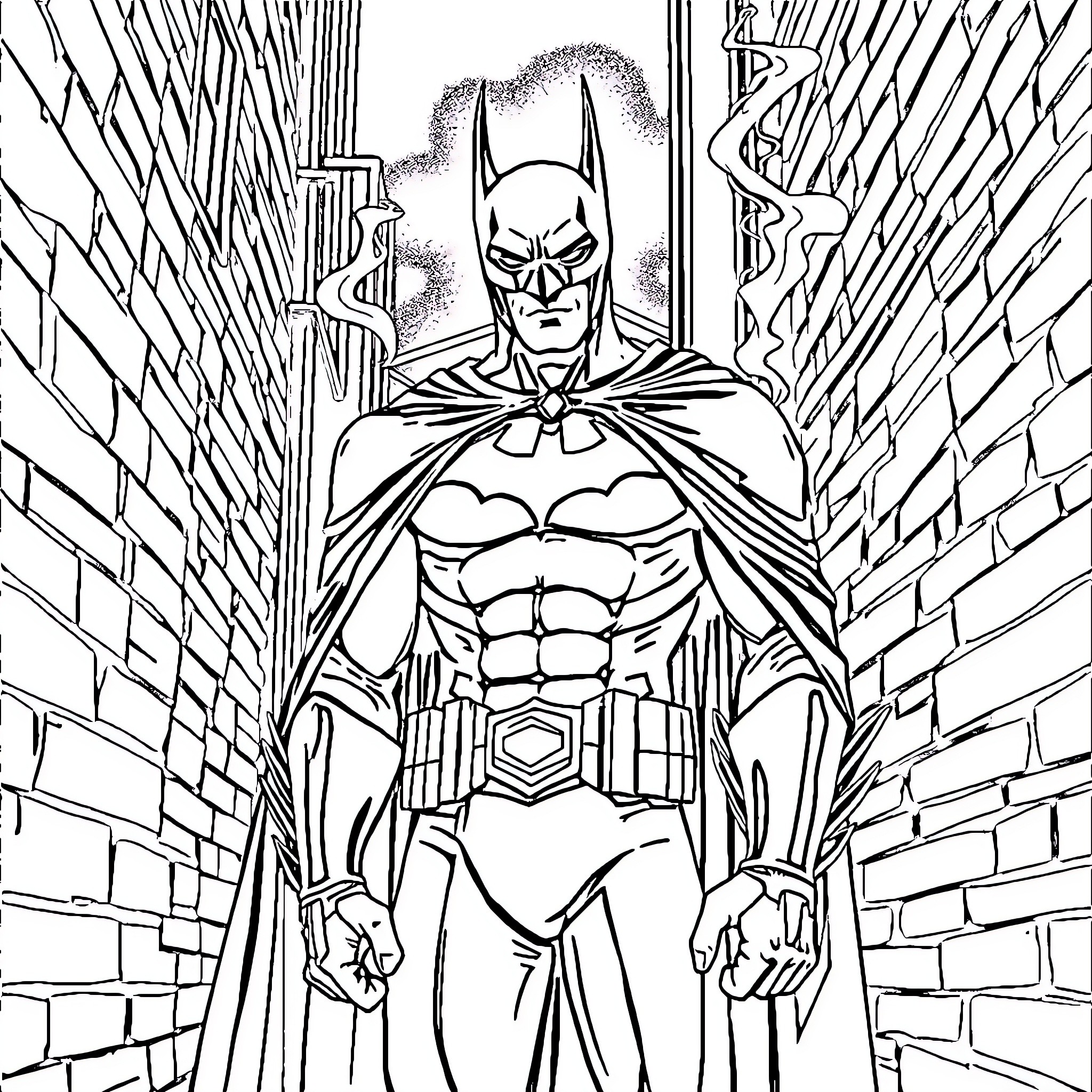 Batman Heroically Stands in Gritty Urban Alley Coloring Page (free black-and-white line drawing printable PDF for all, from beginners to advanced learners, including children, teens, adults, and seniors)