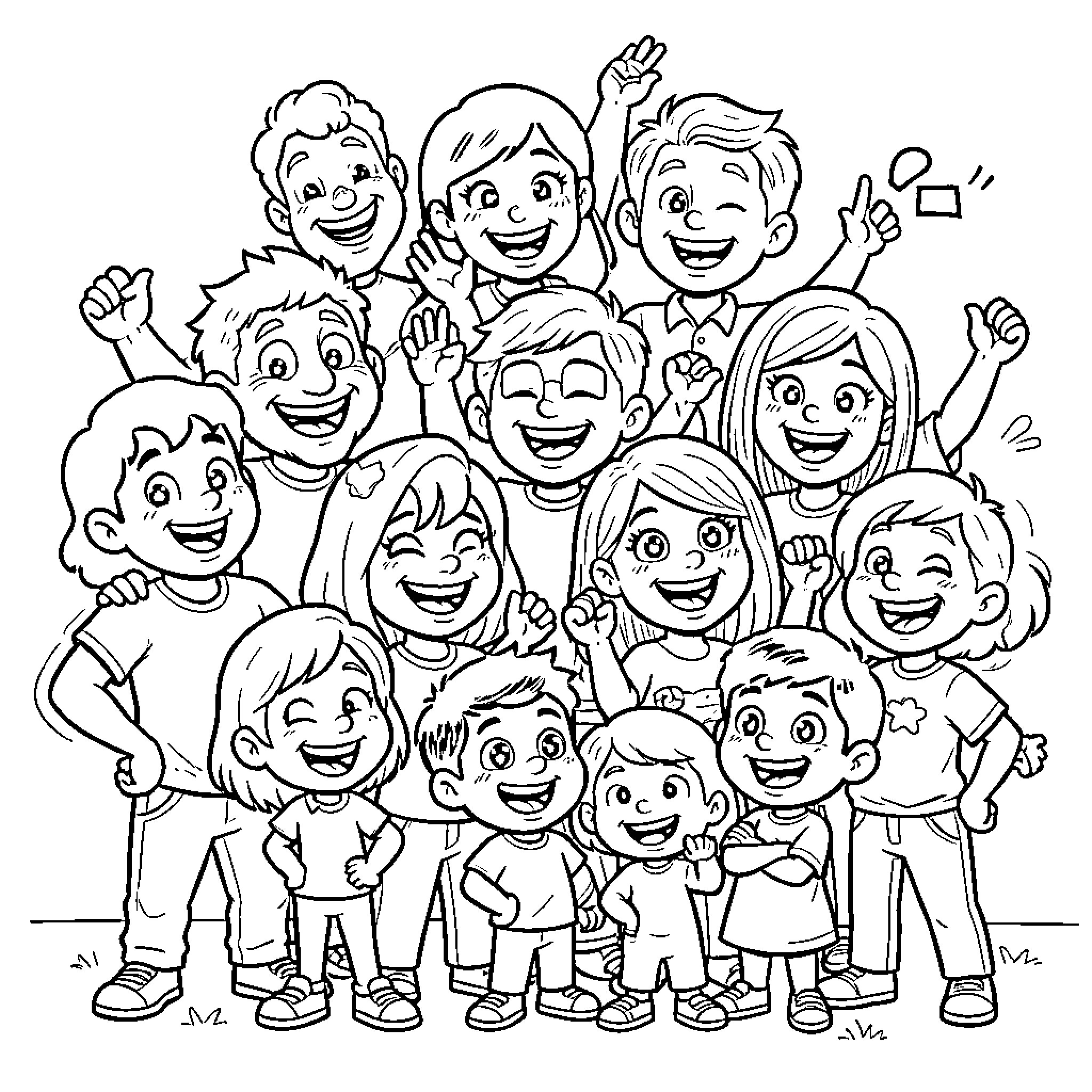 Cartoon Characters Celebrating and Expressing Joy Coloring Page (free black-and-white line drawing printable PDF for all, from beginners to advanced learners, including children, teens, adults, and seniors)