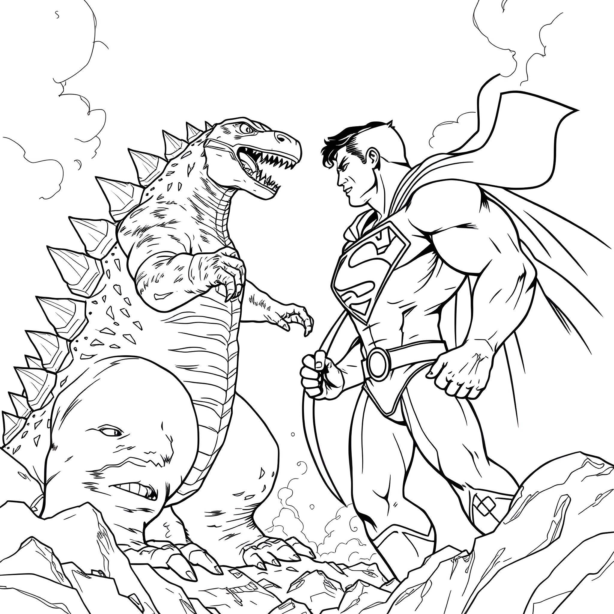 Godzilla confronting a superhero in a battle Coloring Page (free black-and-white line drawing printable PDF for all, from beginners to advanced learners, including children, teens, adults, and seniors)