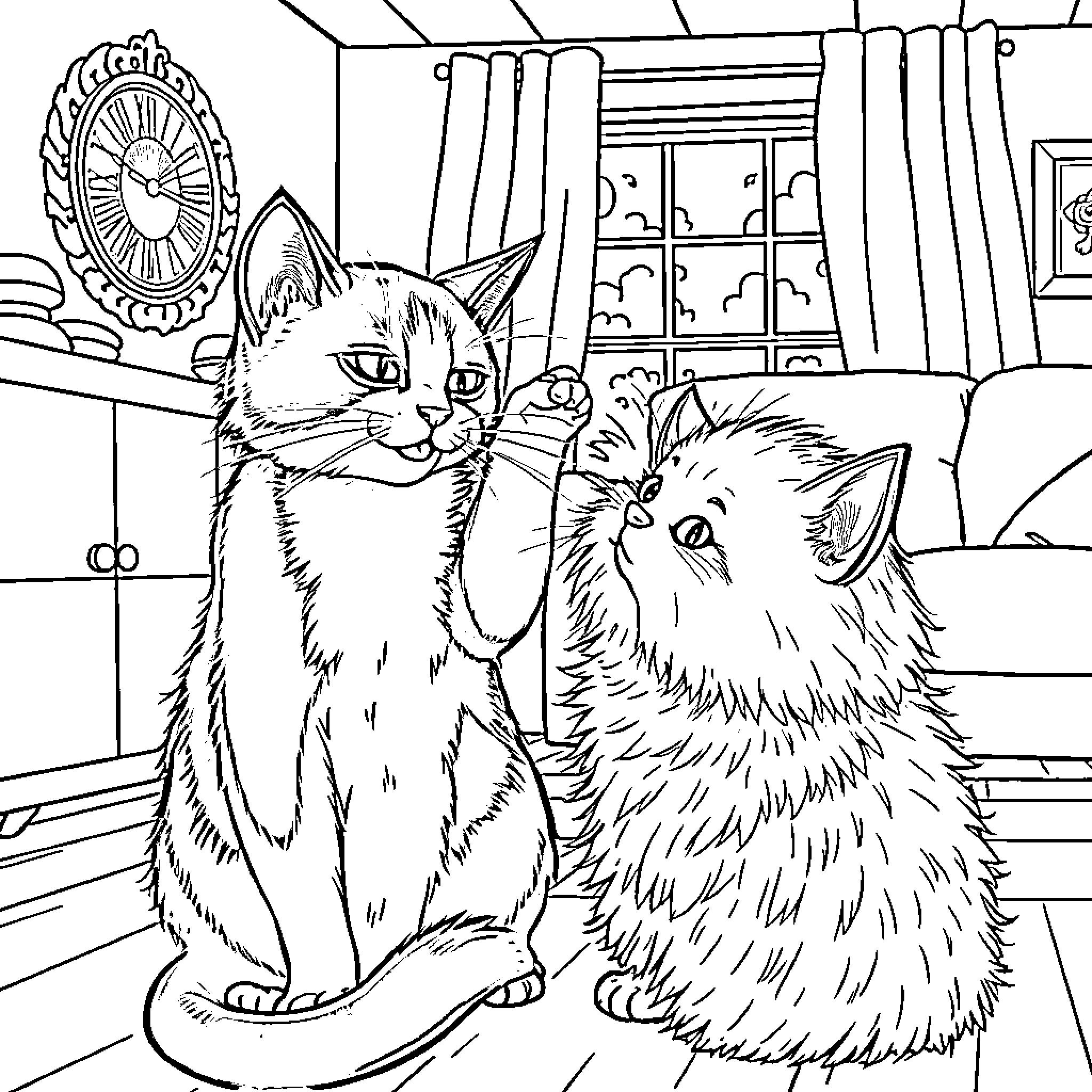 Cat friends in cozy home Coloring Page (free black-and-white line drawing printable PDF for all, from beginners to advanced learners, including children, teens, adults, and seniors)