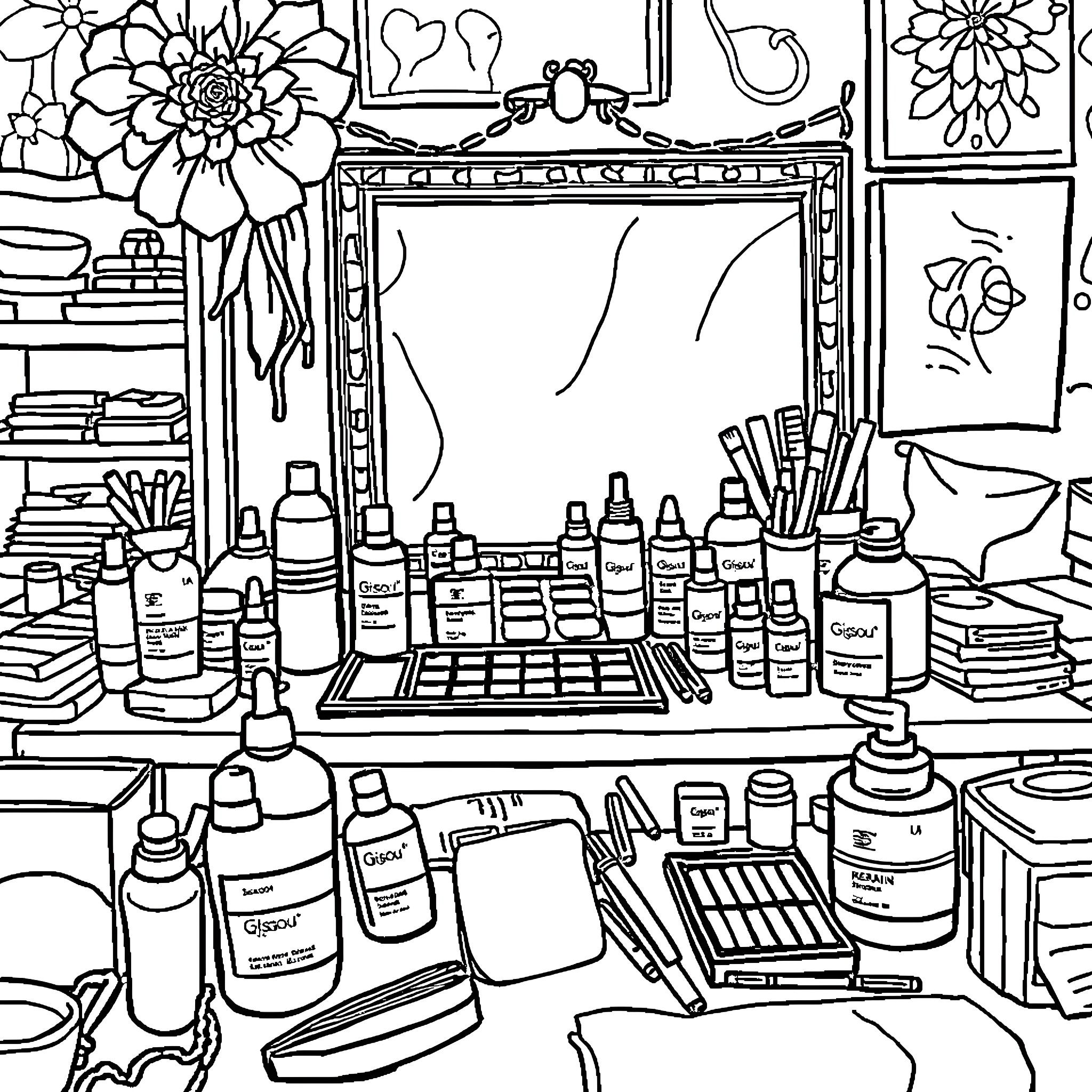 Make-up Table with Cosmetic Items and Floral Decorations Coloring Page (free black-and-white line drawing printable PDF for all, from beginners to advanced learners, including children, teens, adults, and seniors)