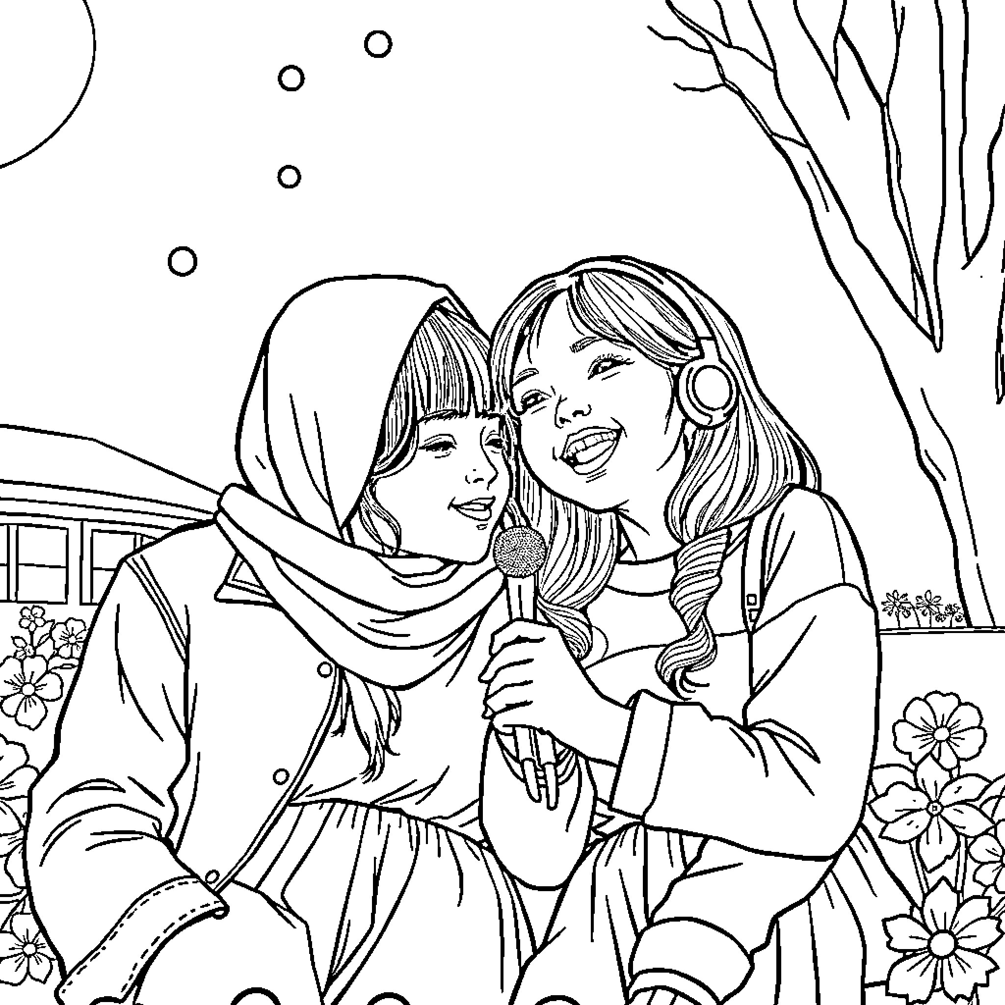 Rumi: Two friends sharing a joyful moment Coloring Page (free black-and-white line drawing printable PDF for all, from beginners to advanced learners, including children, teens, adults, and seniors)