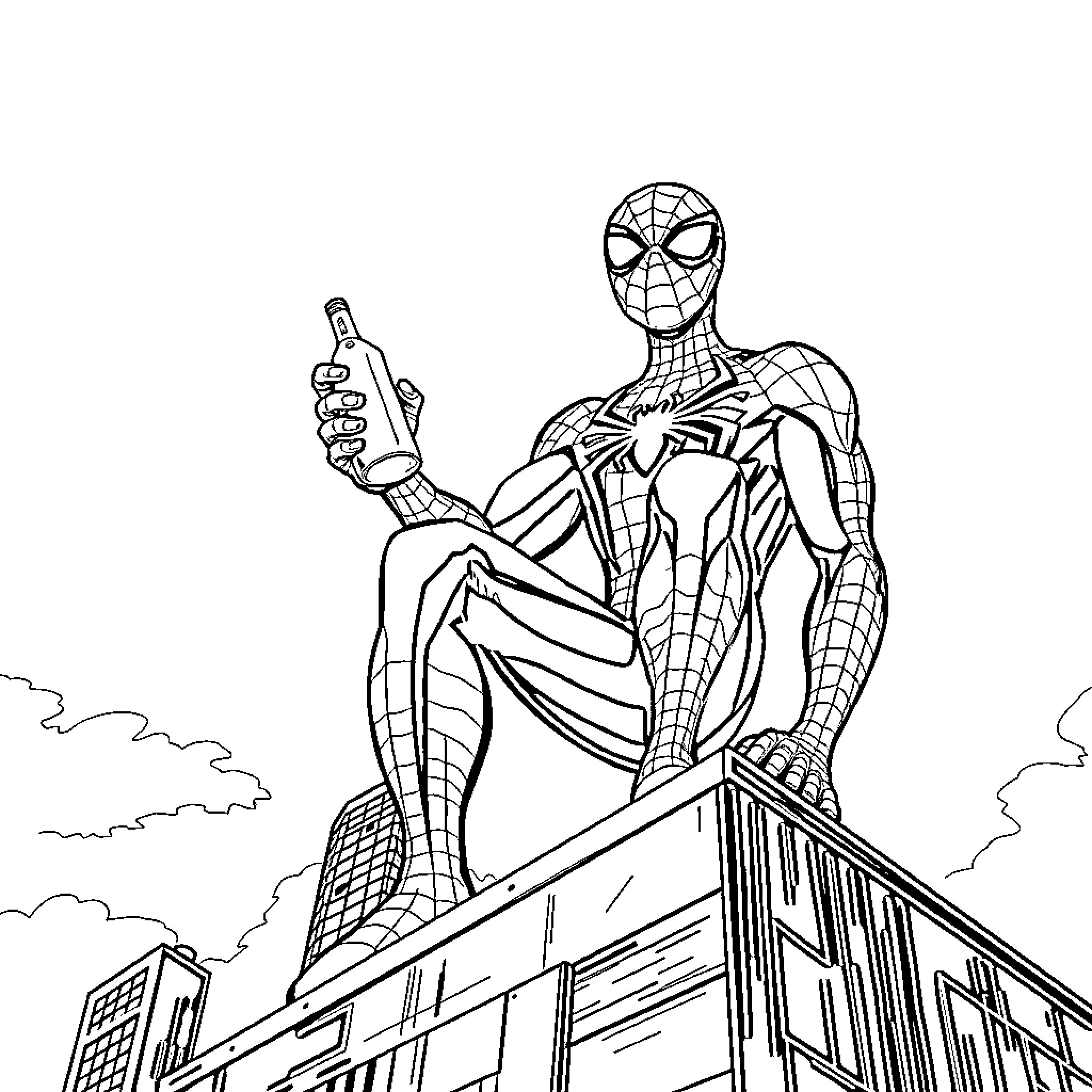 Spider-Man perched atop a city skyscraper Coloring Page (free black-and-white line drawing printable PDF for all, from beginners to advanced learners, including children, teens, adults, and seniors)