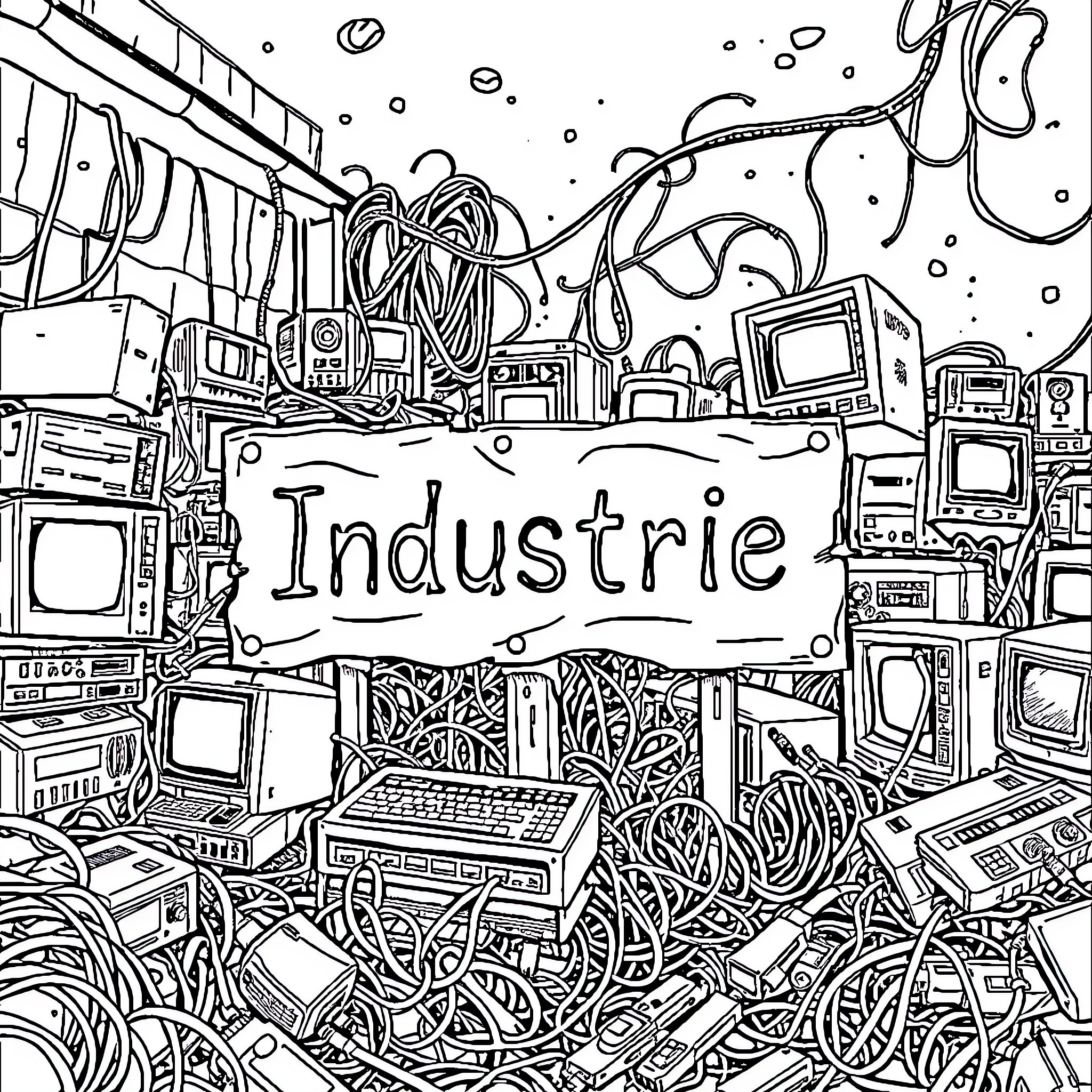 Industrie: Chaotic Scene of Industrial Equipment and Gadgets Coloring Page (free black-and-white line drawing printable PDF for all, from beginners to advanced learners, including children, teens, adults, and seniors)