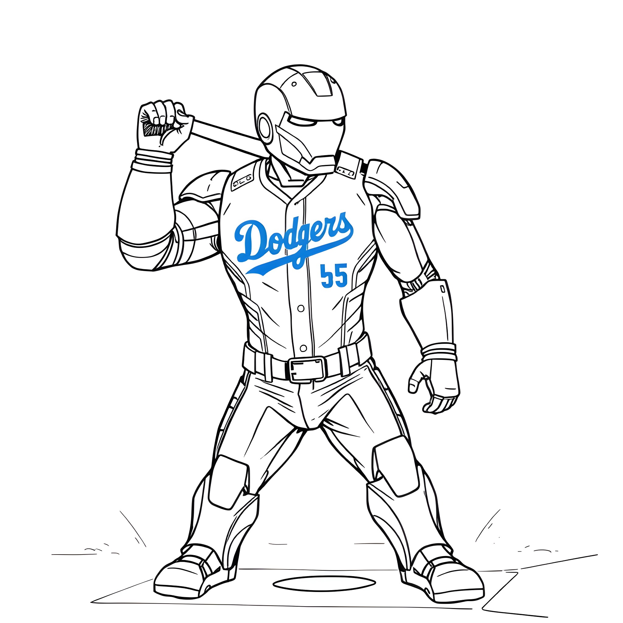 Iron Man in Dodgers Uniform Striking a Heroic Pose Coloring Page (free black-and-white line drawing printable PDF for all, from beginners to advanced learners, including children, teens, adults, and seniors)