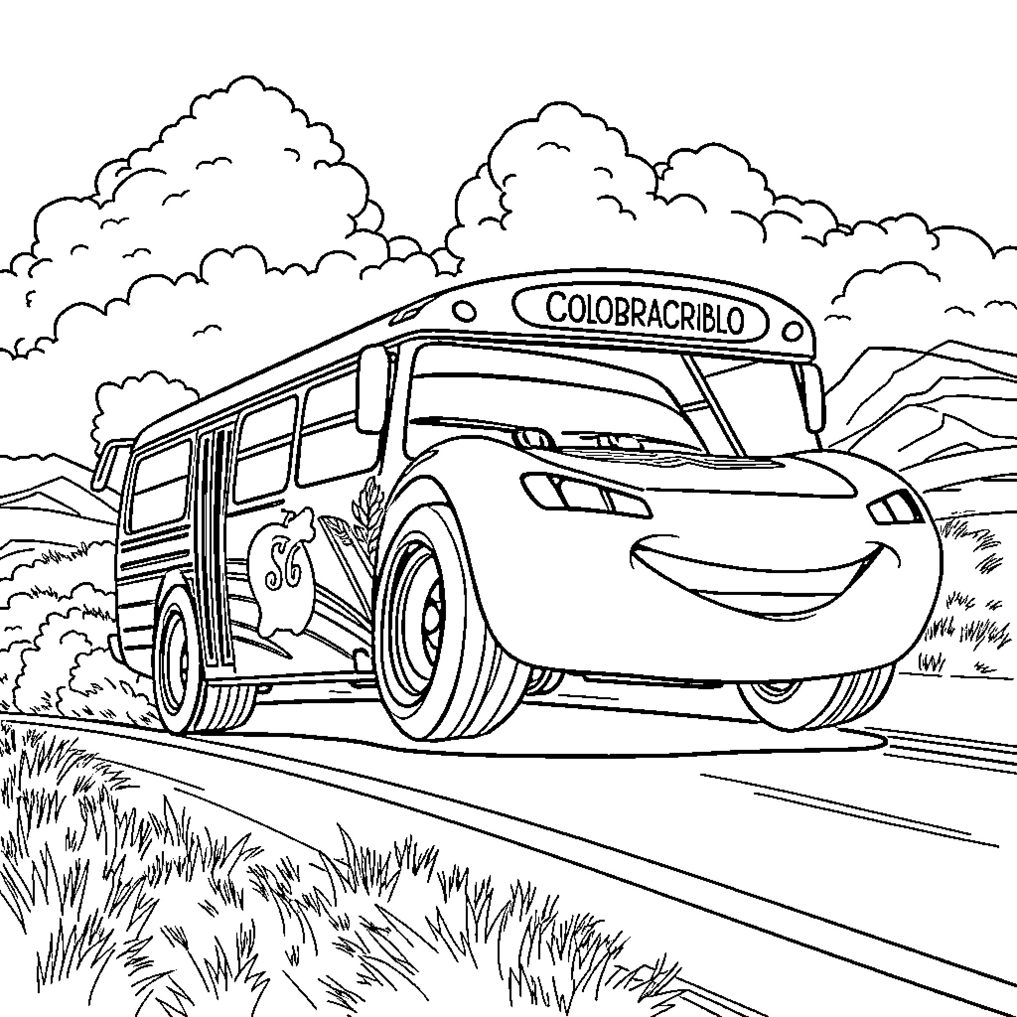 Saetta McQueen exploring the open road Coloring Page (free black-and-white line drawing printable PDF for all, from beginners to advanced learners, including children, teens, adults, and seniors)