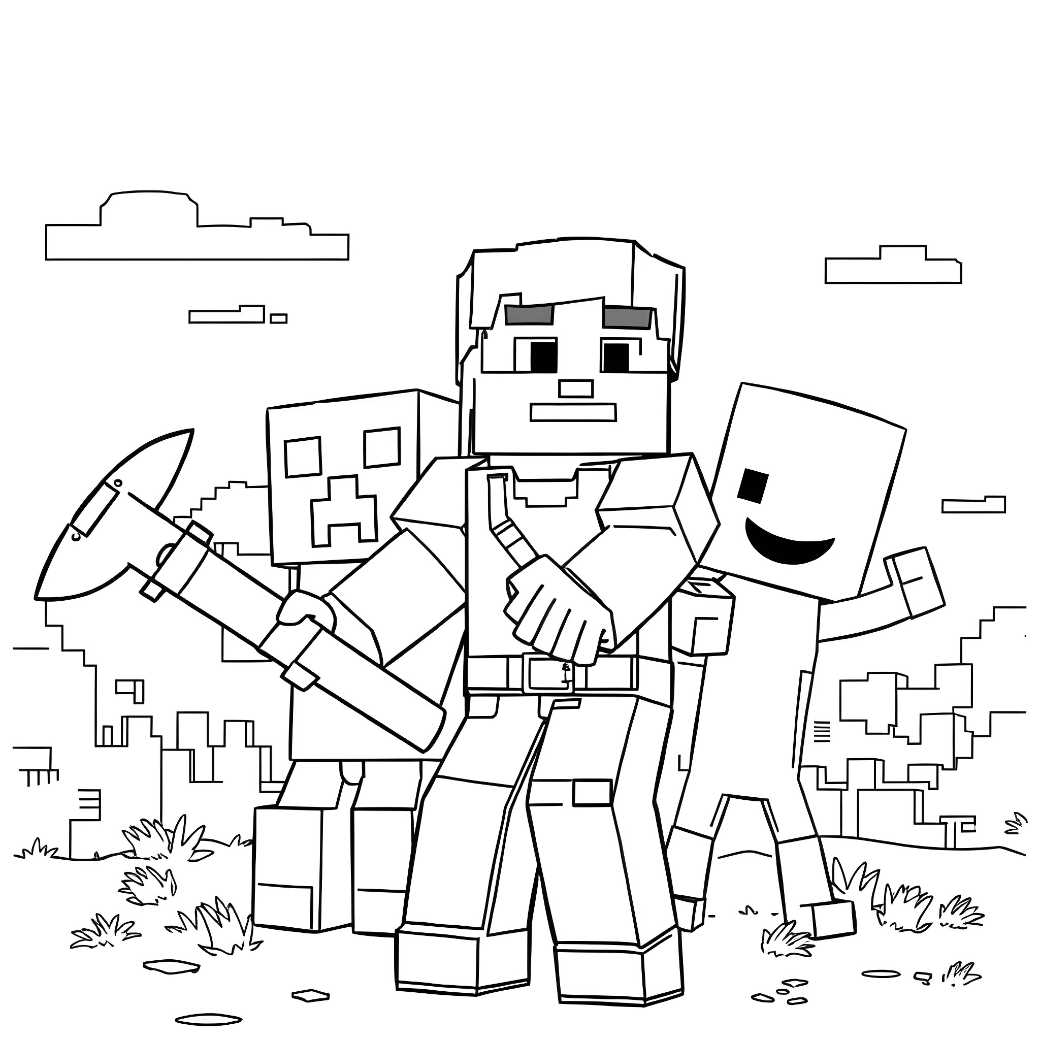 Minecraft Character Exploring Outdoors with Weapon Coloring Page (free black-and-white line drawing printable PDF for all, from beginners to advanced learners, including children, teens, adults, and seniors)