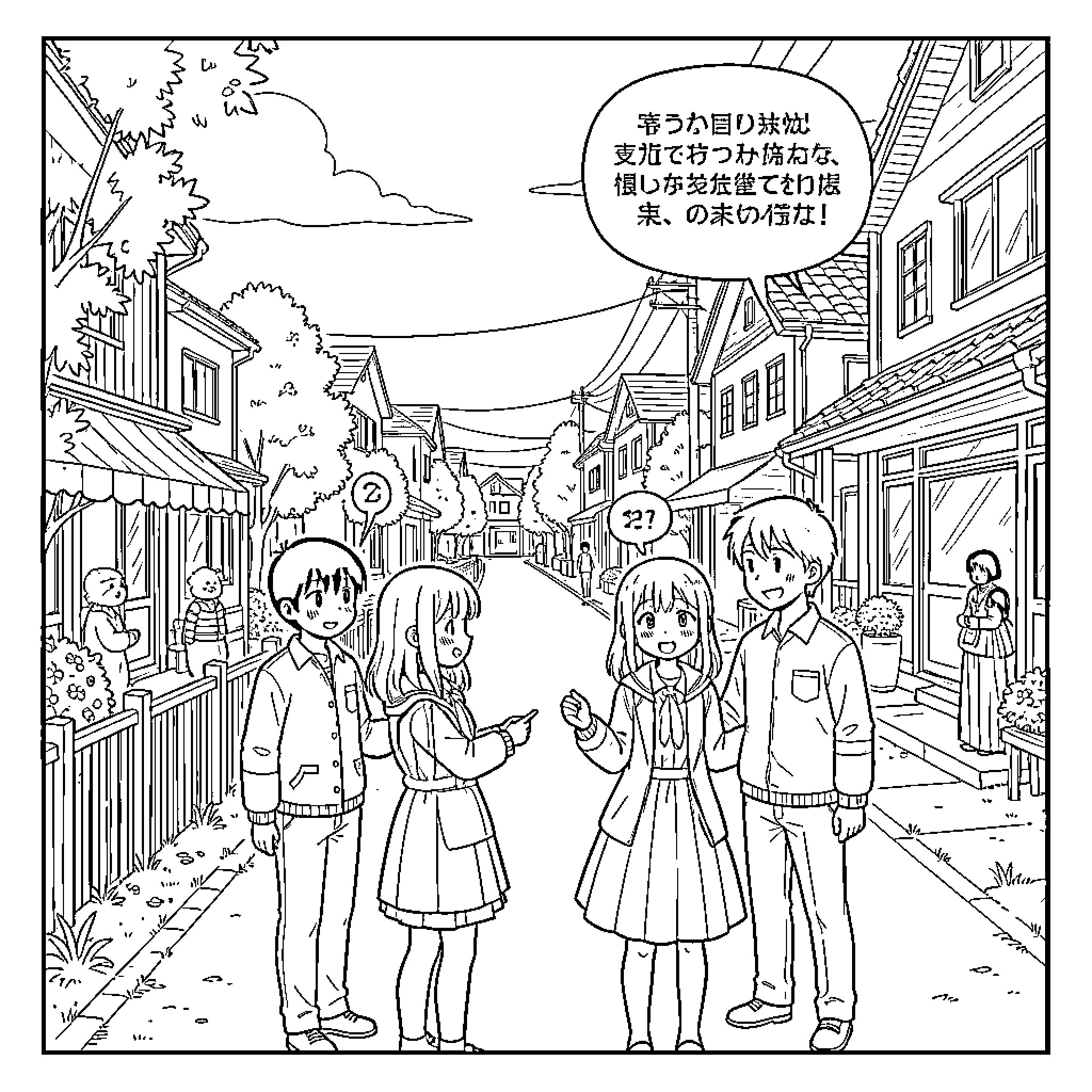 Clannad: Group of friends in a quaint Japanese town Coloring Page (free black-and-white line drawing printable PDF for all, from beginners to advanced learners, including children, teens, adults, and seniors)