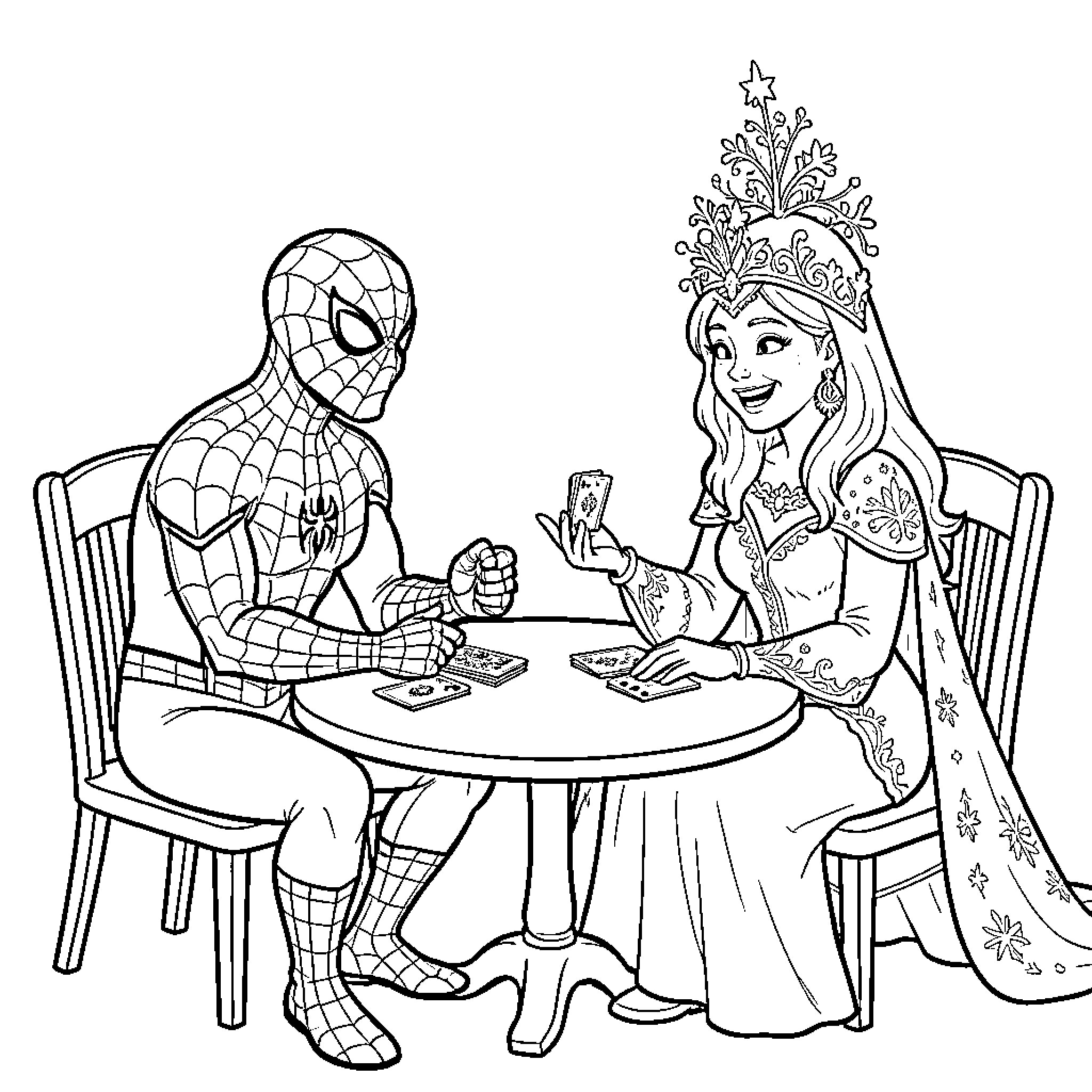 Spiderman playing a card game with a princess Coloring Page (free black-and-white line drawing printable PDF for all, from beginners to advanced learners, including children, teens, adults, and seniors)