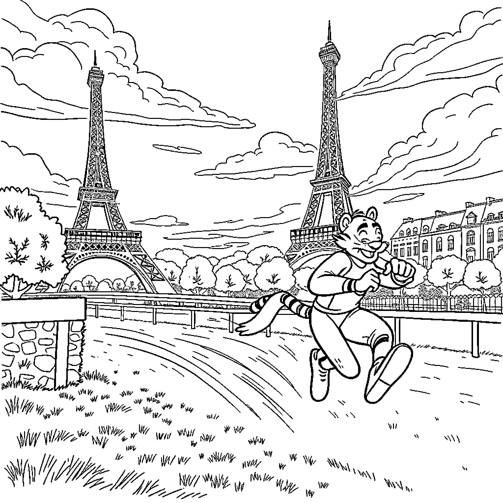 Flash through the Iconic Parisian Landscape Coloring Page (free black-and-white line drawing printable PDF for all, from beginners to advanced learners, including children, teens, adults, and seniors)