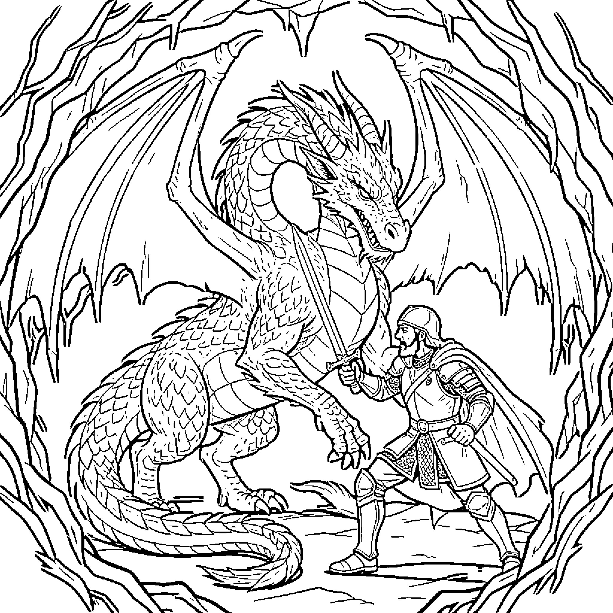 Dragon facing a brave knight in a fierce battle Coloring Page (free black-and-white line drawing printable PDF for all, from beginners to advanced learners, including children, teens, adults, and seniors)