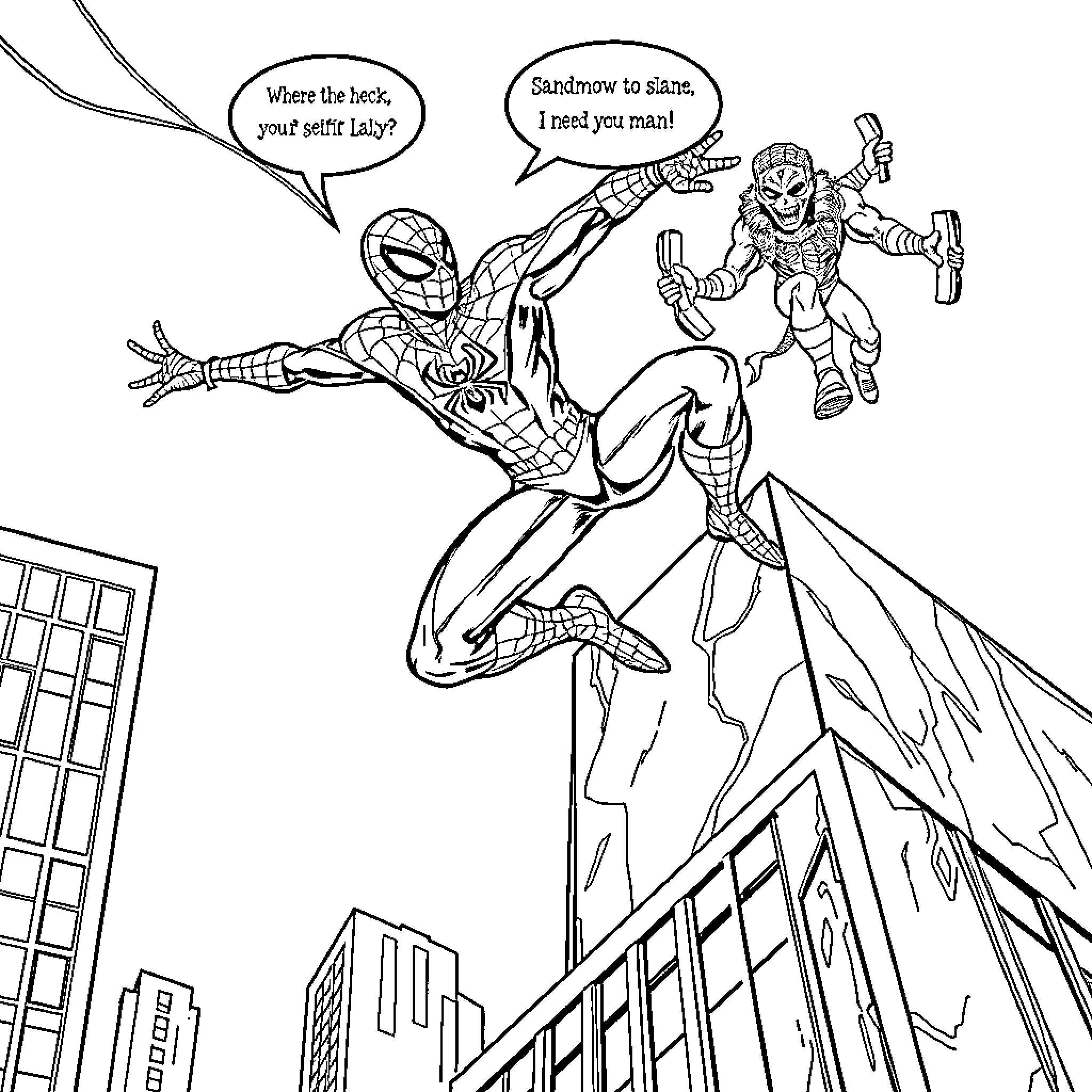 Spiderman battle with villain in the city Coloring Page (free black-and-white line drawing printable PDF for all, from beginners to advanced learners, including children, teens, adults, and seniors)