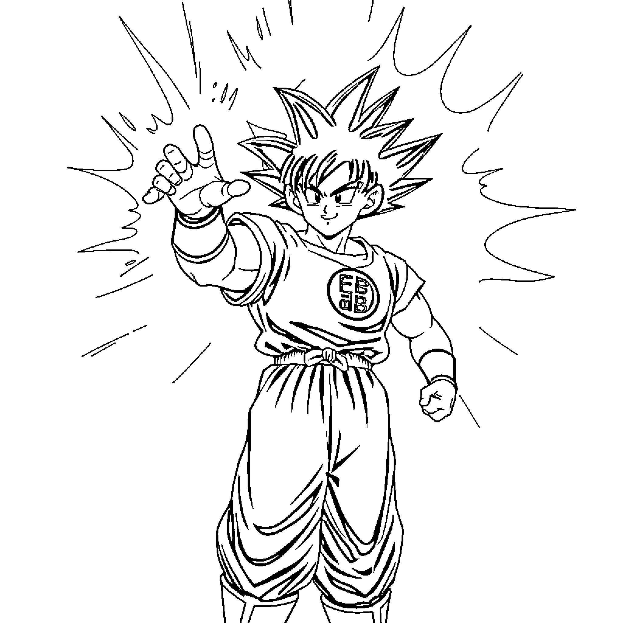 Son Goku in a dynamic fighting pose Coloring Page (free black-and-white line drawing printable PDF for all, from beginners to advanced learners, including children, teens, adults, and seniors)