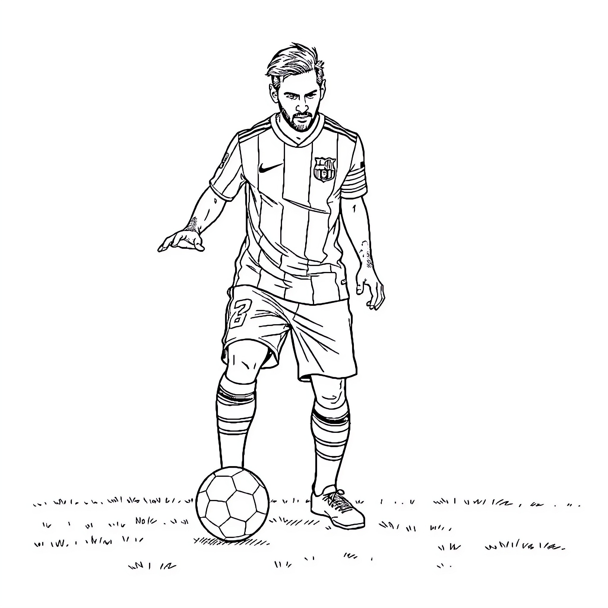 Messi ready to take a shot on goal Coloring Page (free black-and-white line drawing printable PDF for all, from beginners to advanced learners, including children, teens, adults, and seniors)