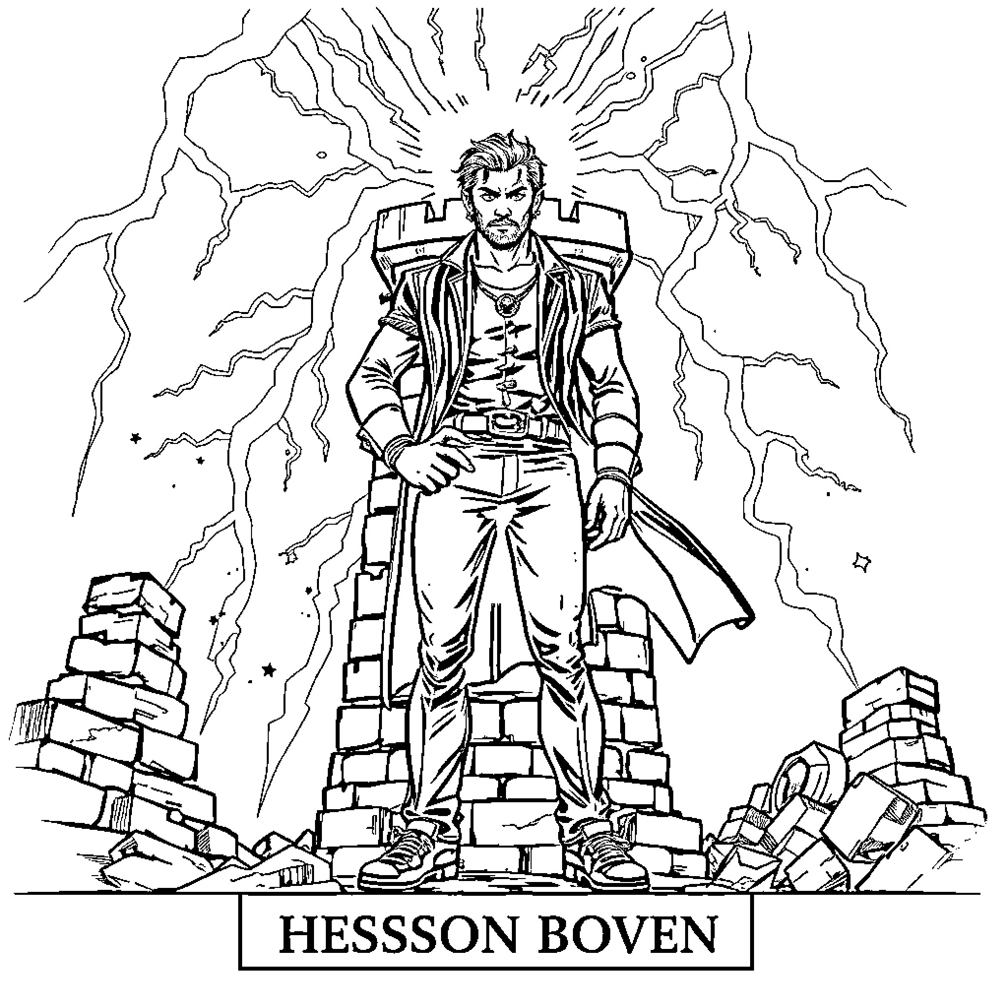 Benson Boone's electrifying adventure among the ruins Coloring Page (free black-and-white line drawing printable PDF for all, from beginners to advanced learners, including children, teens, adults, and seniors)