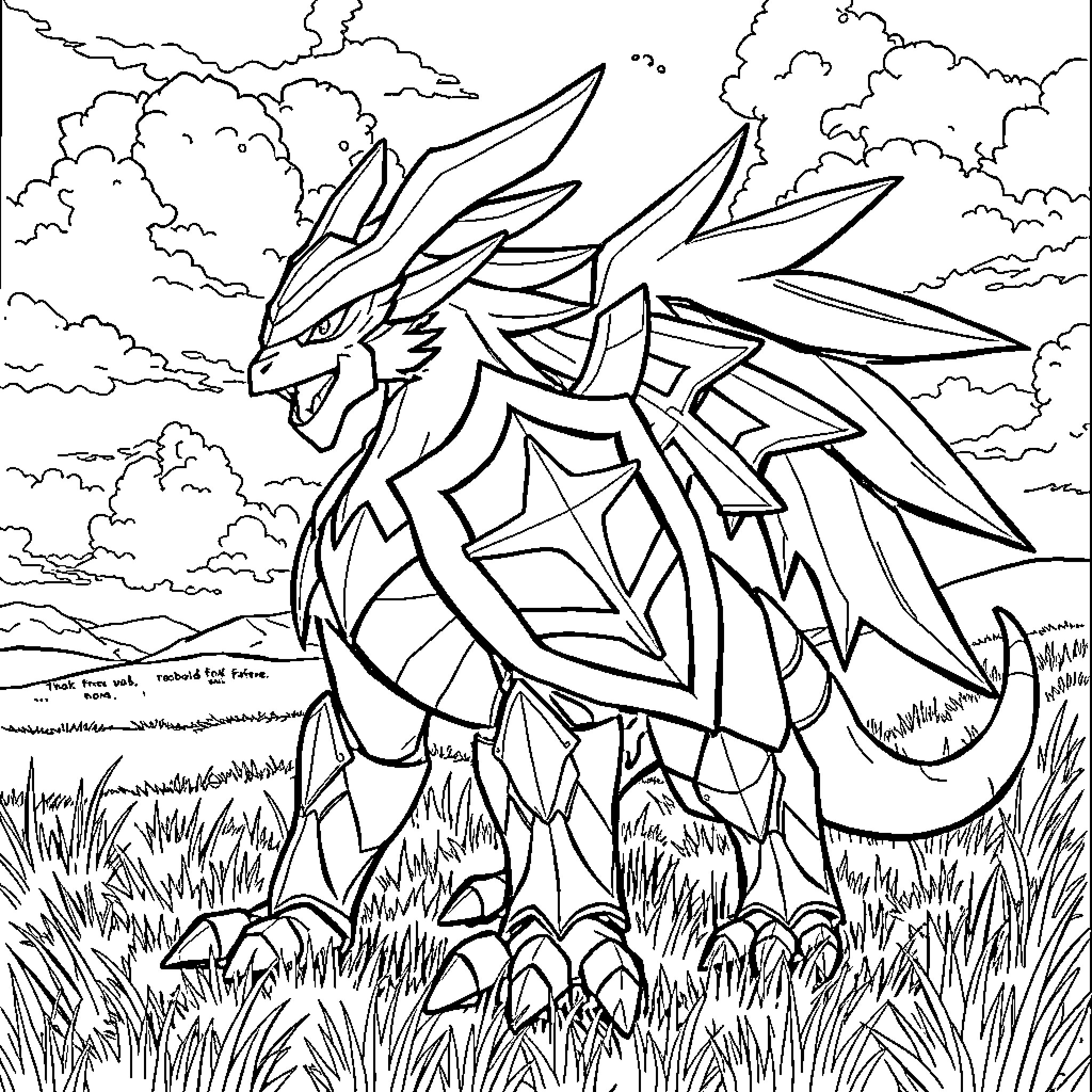 Zamazenta roaring in the mystical meadow Coloring Page (free black-and-white line drawing printable PDF for all, from beginners to advanced learners, including children, teens, adults, and seniors)