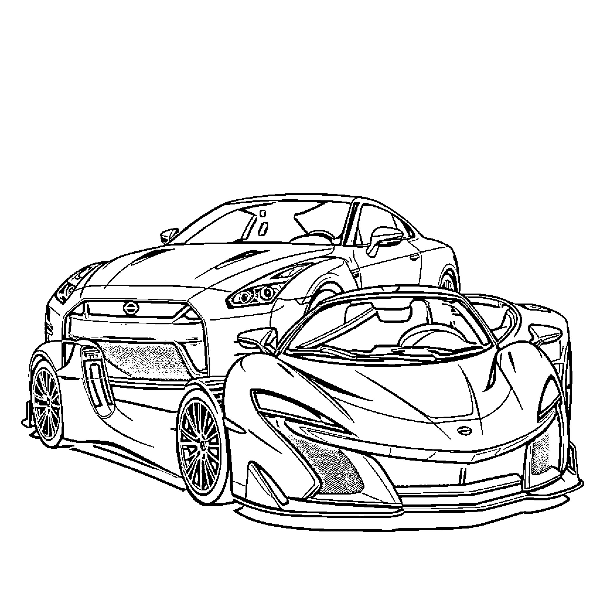 Car sports racers speeding on the track Coloring Page (free black-and-white line drawing printable PDF for all, from beginners to advanced learners, including children, teens, adults, and seniors)