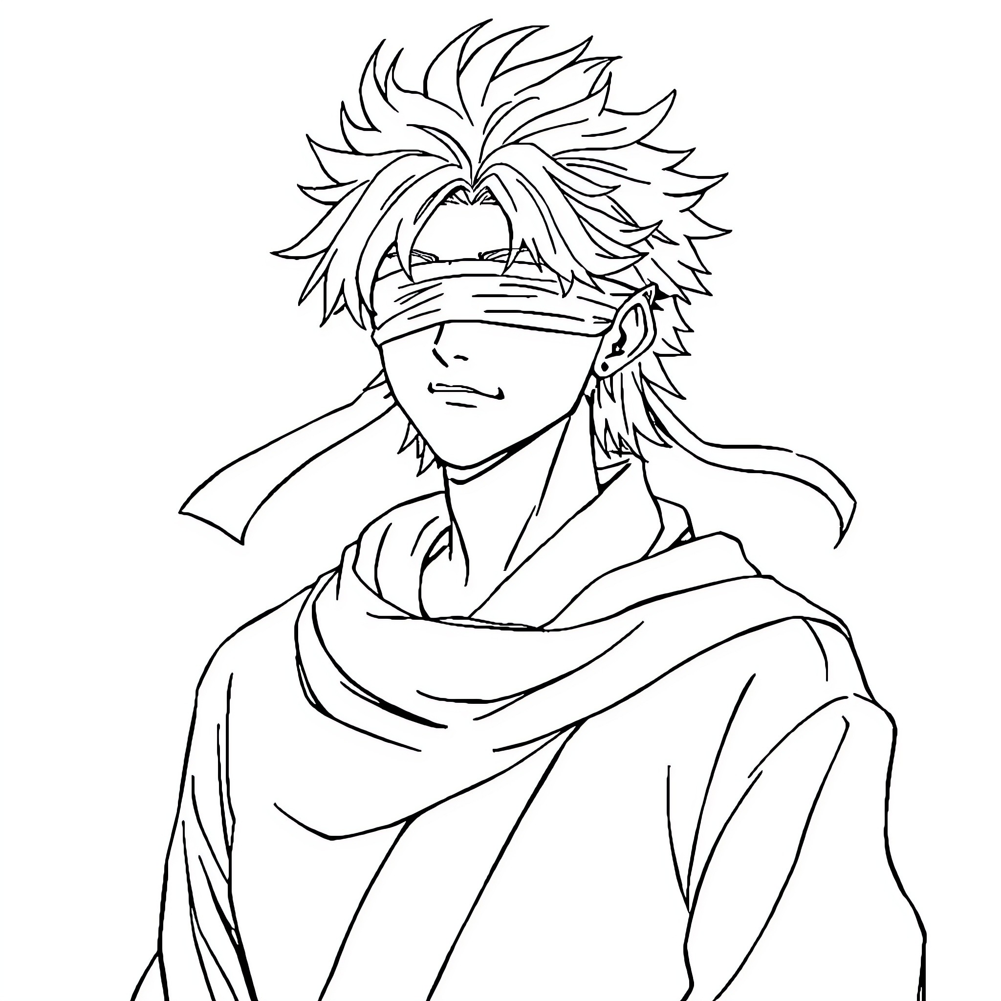 Satoru Gojo in contemplative pose Coloring Page (free black-and-white line drawing printable PDF for all, from beginners to advanced learners, including children, teens, adults, and seniors)