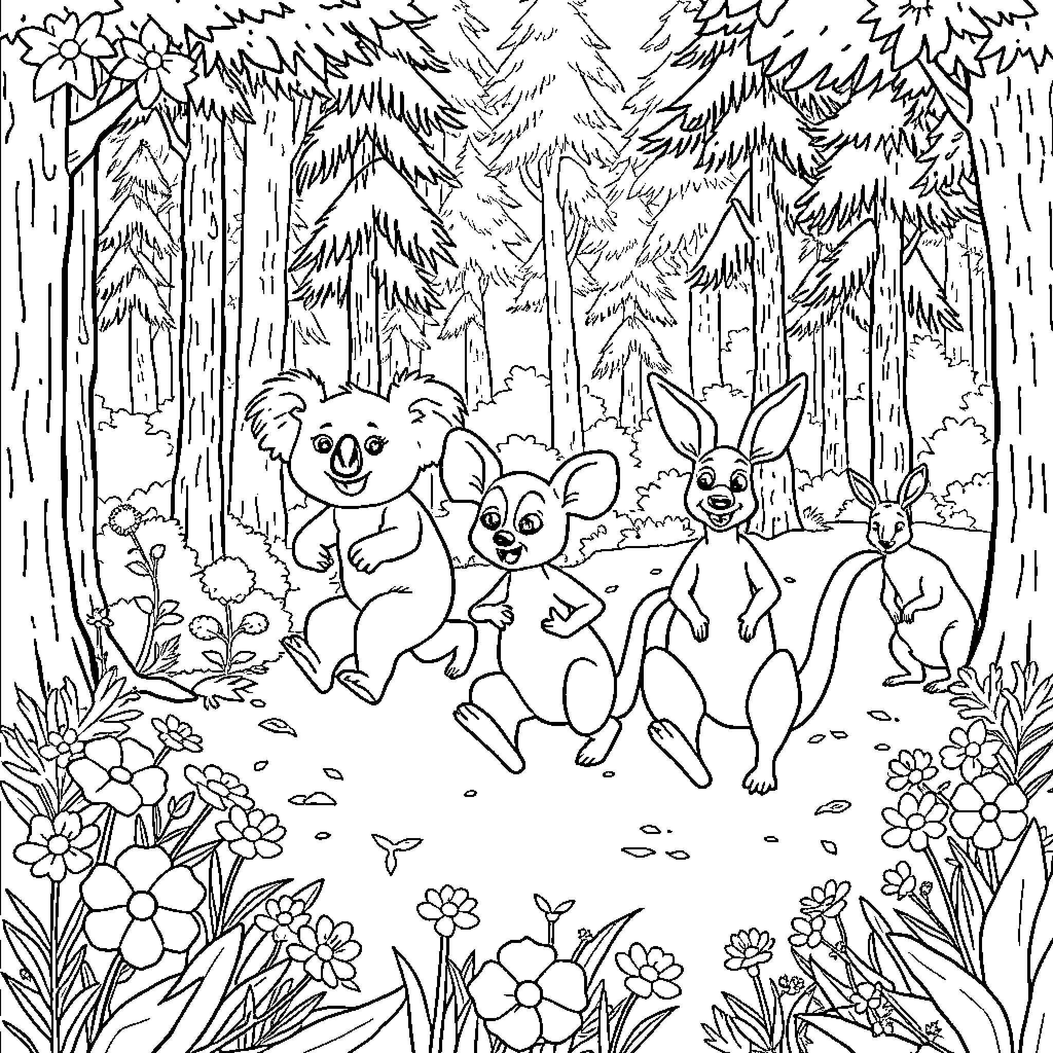 Koala and other Australian animals playing in the forest Coloring Page (free black-and-white line drawing printable PDF for all, from beginners to advanced learners, including children, teens, adults, and seniors)